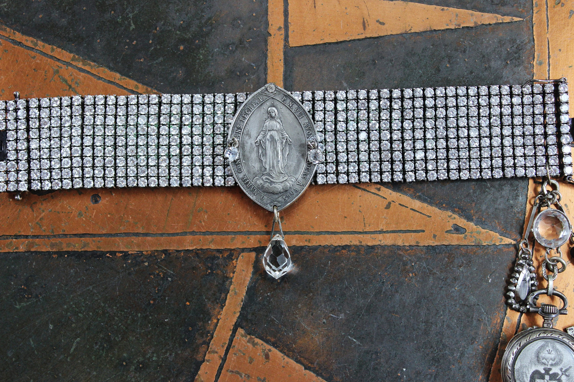All  Around Us Bracelet with Multi Row Sterling White Zircon Bracelet, Rare Master Engraved Flaming Sacred Heart Sterling Nun's Cross & More!