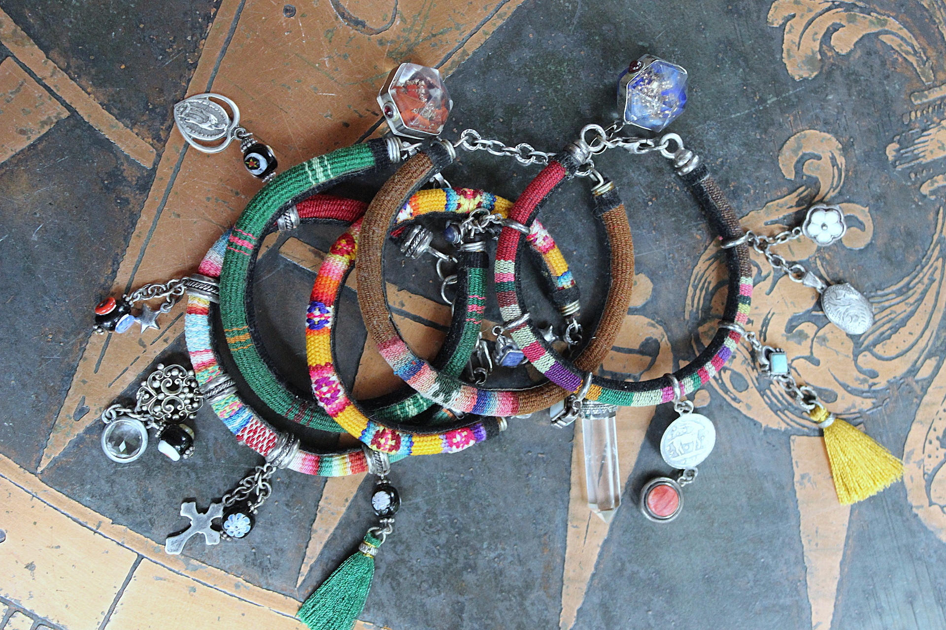 Set of 5 Woven Serape Textile & Sterling Stacking Bracelets with Multiple Drops & Dangles - lots of Sterling & Unique Pieces!