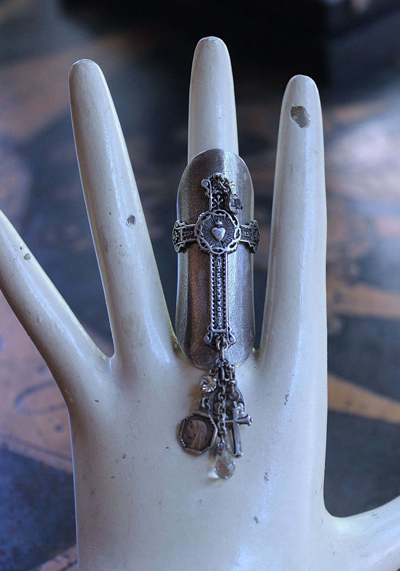 Unique Wide Sterling Ring with Antique French Medals, Crosses & Tiny Faceted Rock Crystals - size 7 1/4