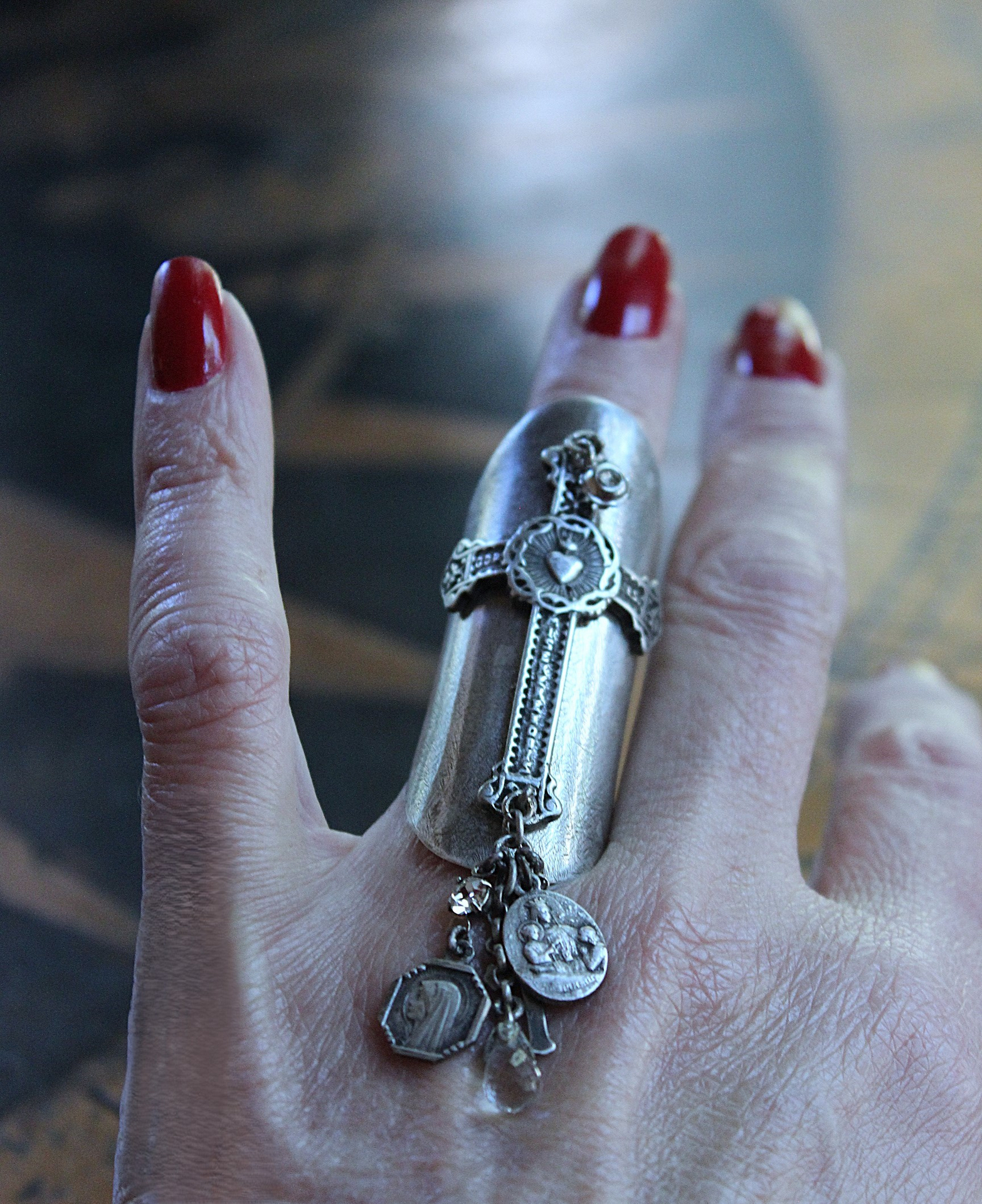 Unique Wide Sterling Ring with Antique French Medals, Crosses & Tiny Faceted Rock Crystals - size 7 1/4
