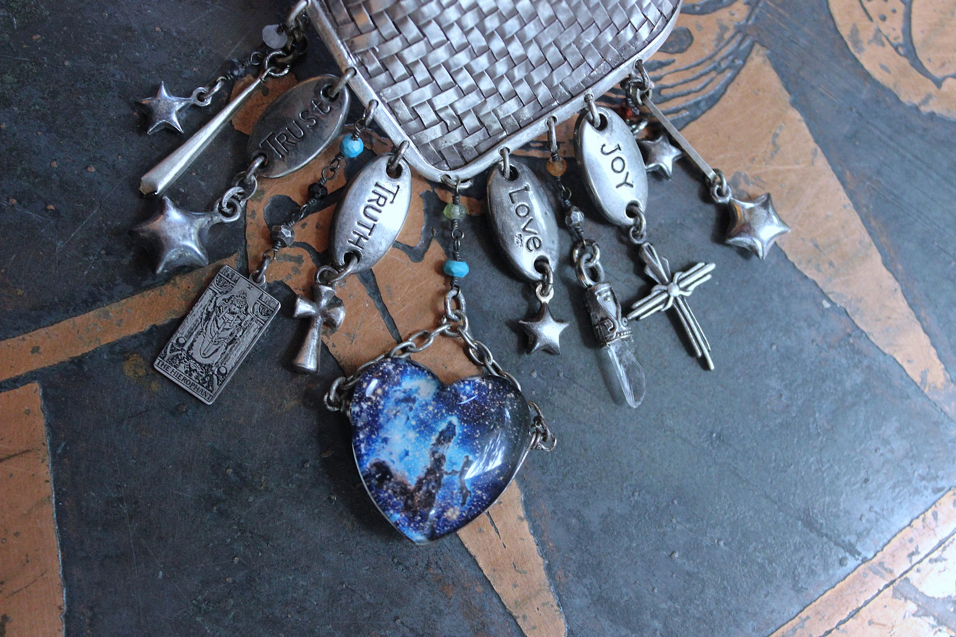 The Heirophant Wide Sterling Weave Cuff Bracelet with Heart Shaped Glass Pillars of Creation,Sterling Engraved Heirophant Medal, Sterling Stars & More!