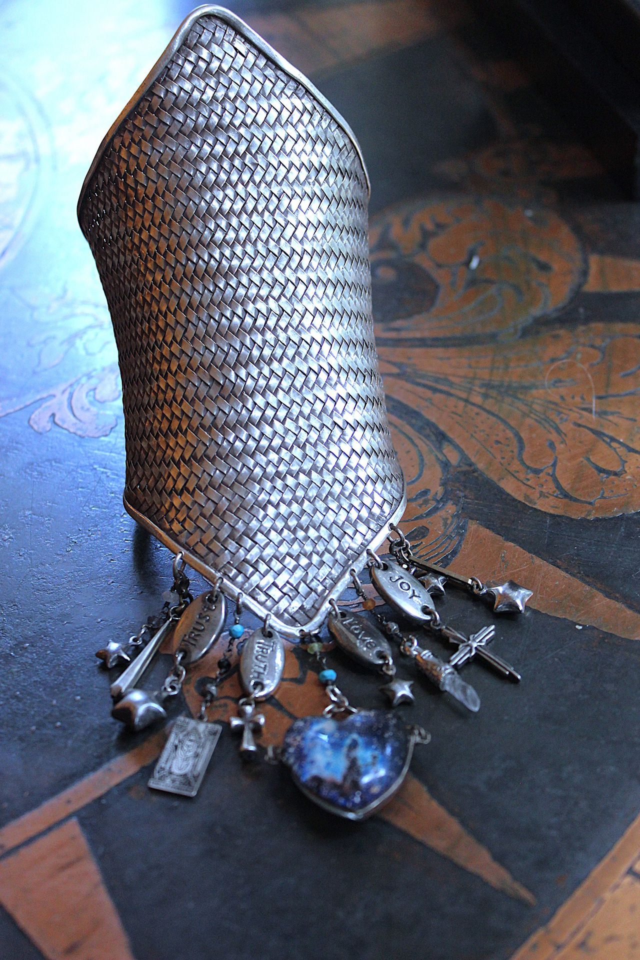 The Heirophant Wide Sterling Weave Cuff Bracelet with Heart Shaped Glass Pillars of Creation,Sterling Engraved Heirophant Medal, Sterling Stars & More!