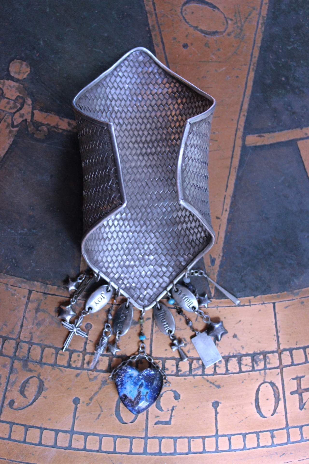 The Heirophant Wide Sterling Weave Cuff Bracelet with Heart Shaped Glass Pillars of Creation,Sterling Engraved Heirophant Medal, Sterling Stars & More!