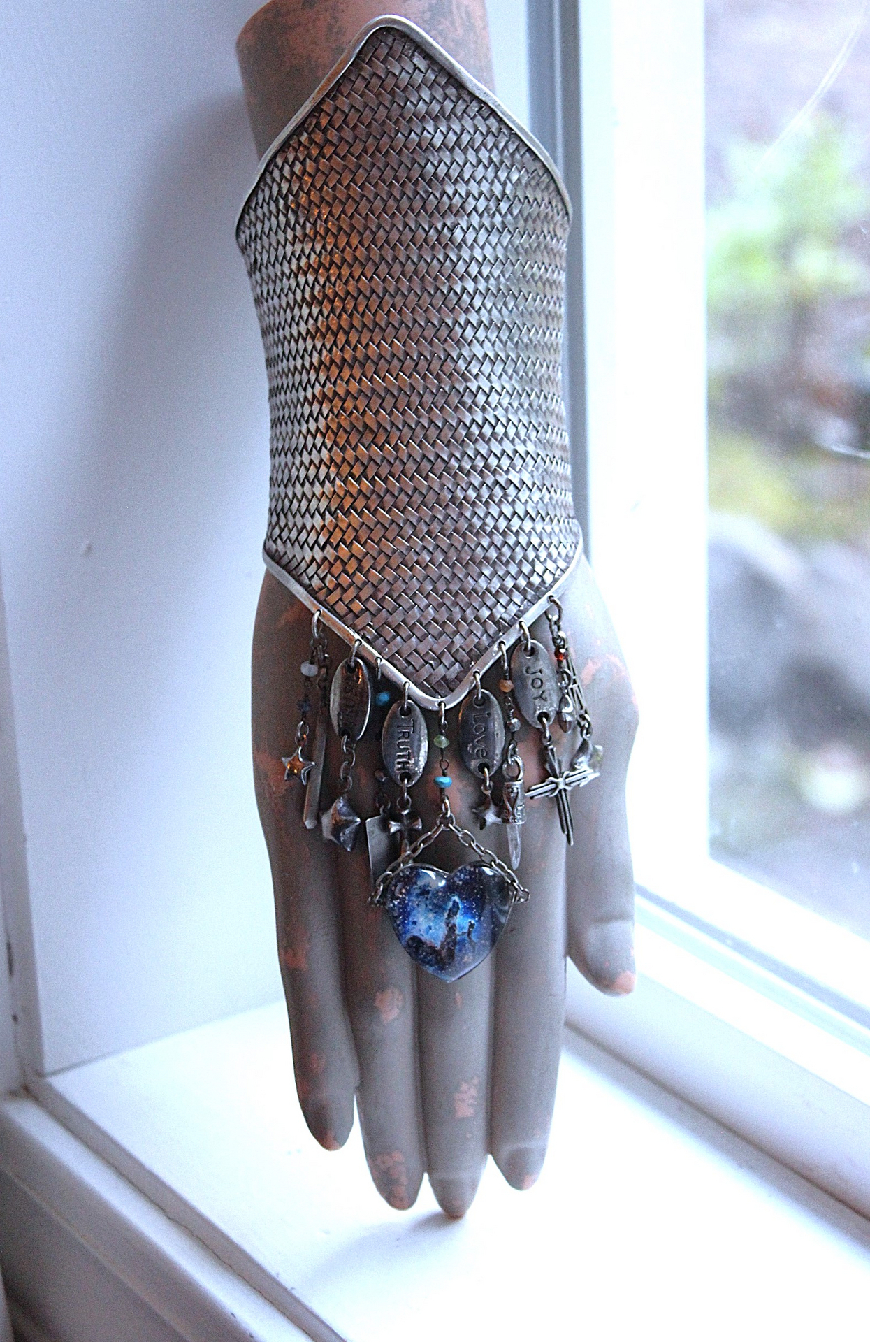 The Heirophant Wide Sterling Weave Cuff Bracelet with Heart Shaped Glass Pillars of Creation,Sterling Engraved Heirophant Medal, Sterling Stars & More!