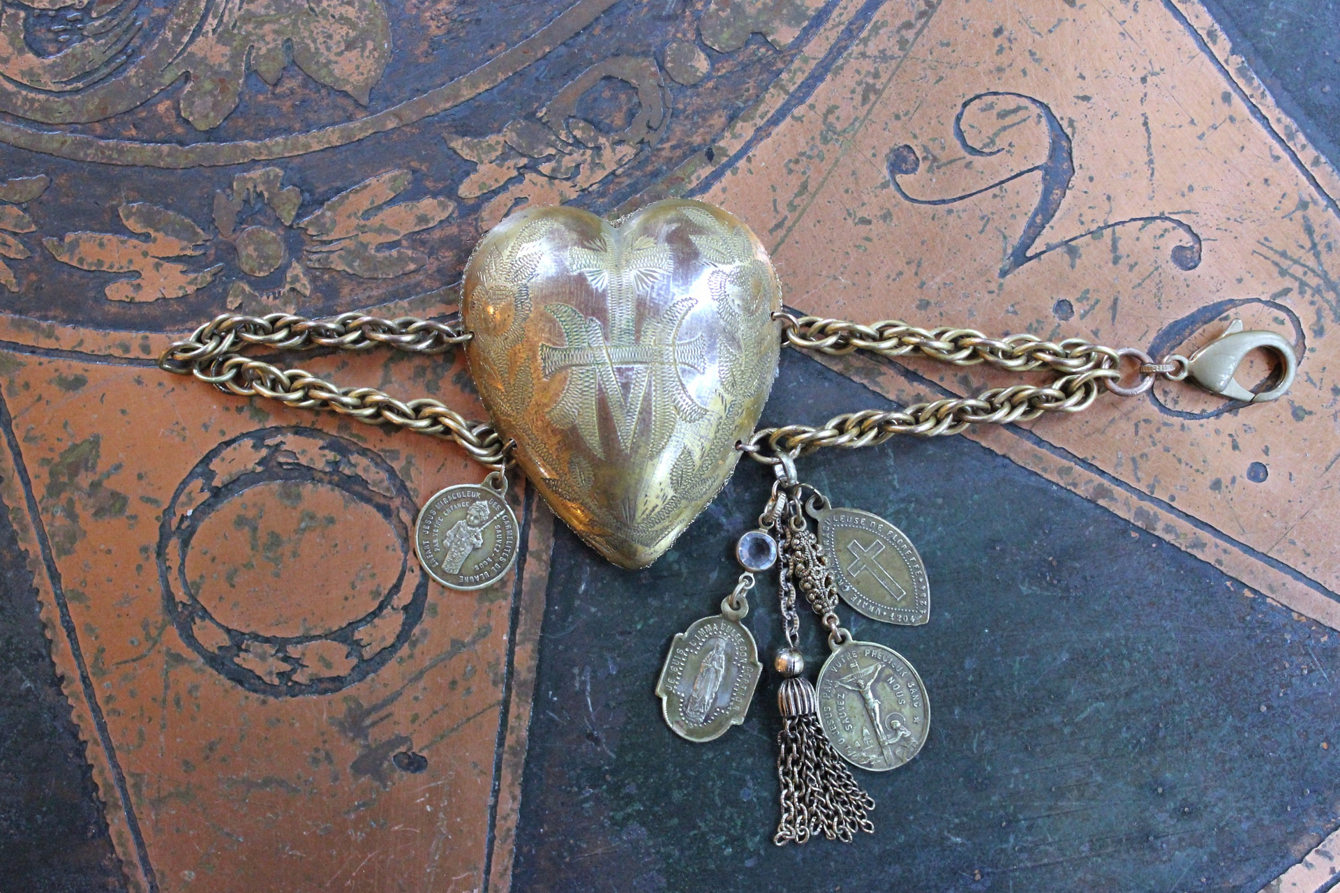 Antique French Engraved Ex Voto Heart Bracelet with Rare Antique French Medals,Bezel Set Faceted Crystal Connector,Antique Chain Tassel