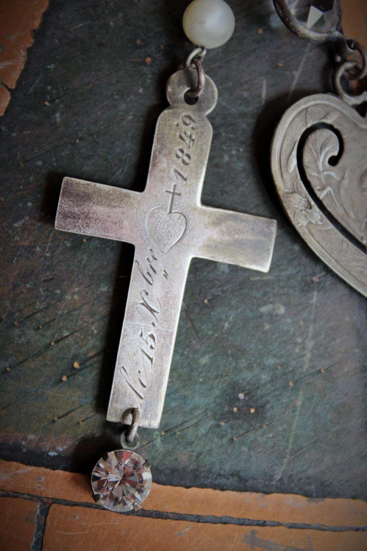  Our Mother Necklace w/RARE Tiny Sterling Ex Voto Locket,Sterling Mother's Heart Medal,Penin Marian Medal,Antique Sterling Nun's Cross