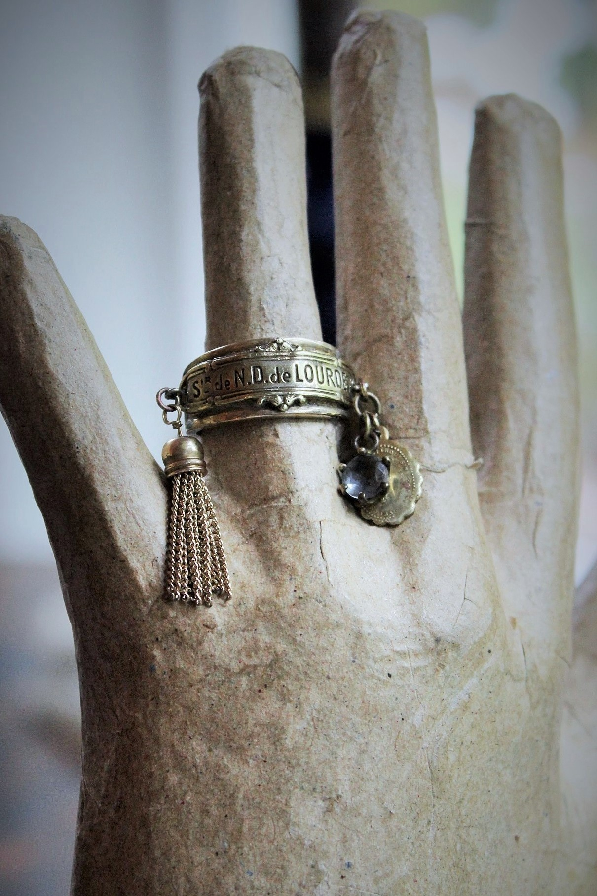 Our Lady Ring w/Antique French Souvenir de Notre Dame de Lourdes Plaque,10K Gold Band,Tiny Antique Gilt Marian Medal,Antique Tassel & Prong Set Crystal