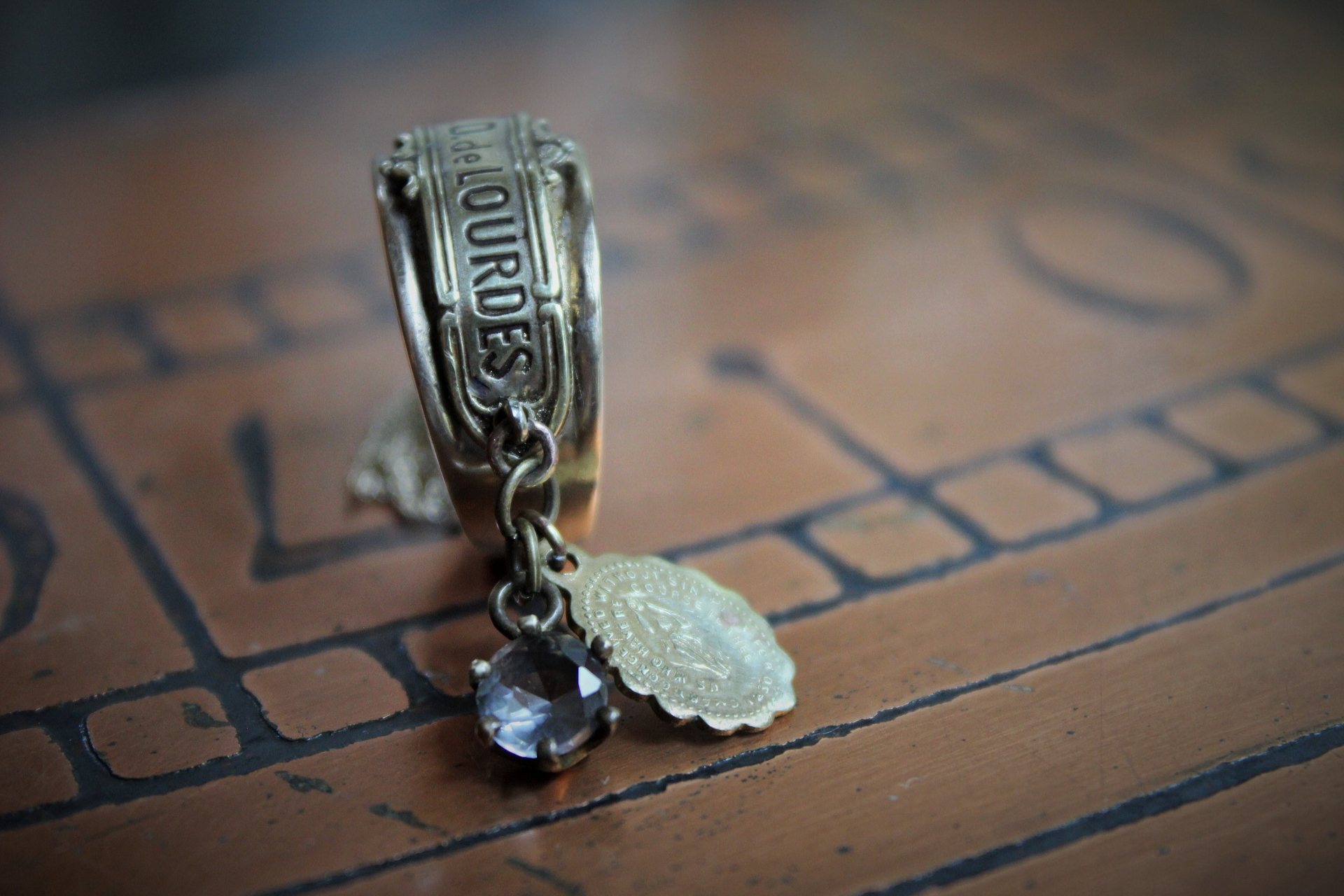 Our Lady Ring w/Antique French Souvenir de Notre Dame de Lourdes Plaque,10K Gold Band,Tiny Antique Gilt Marian Medal,Antique Tassel & Prong Set Crystal