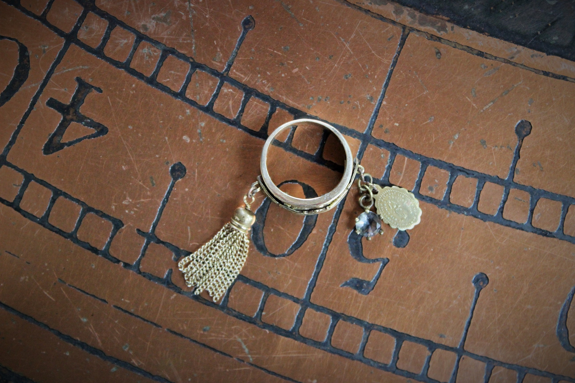 Our Lady Ring w/Antique French Souvenir de Notre Dame de Lourdes Plaque,10K Gold Band,Tiny Antique Gilt Marian Medal,Antique Tassel & Prong Set Crystal