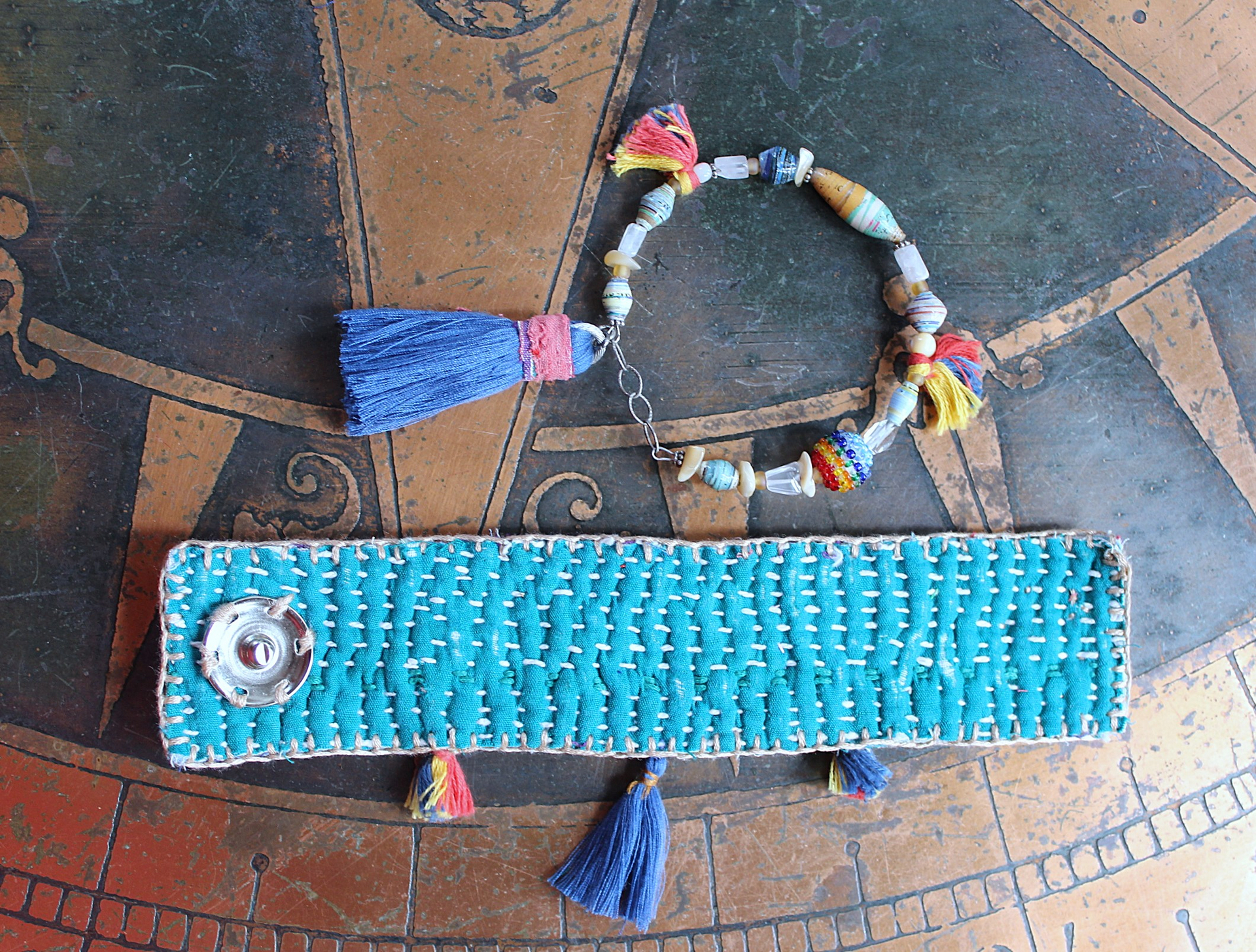 NEW!  A Joy Bracelet Set with Hand Stitched Kantha Textile,Embroidered Mirrors,Hand Made Beads,Sterling Rondelles,Mother of Pearl Beads & More!