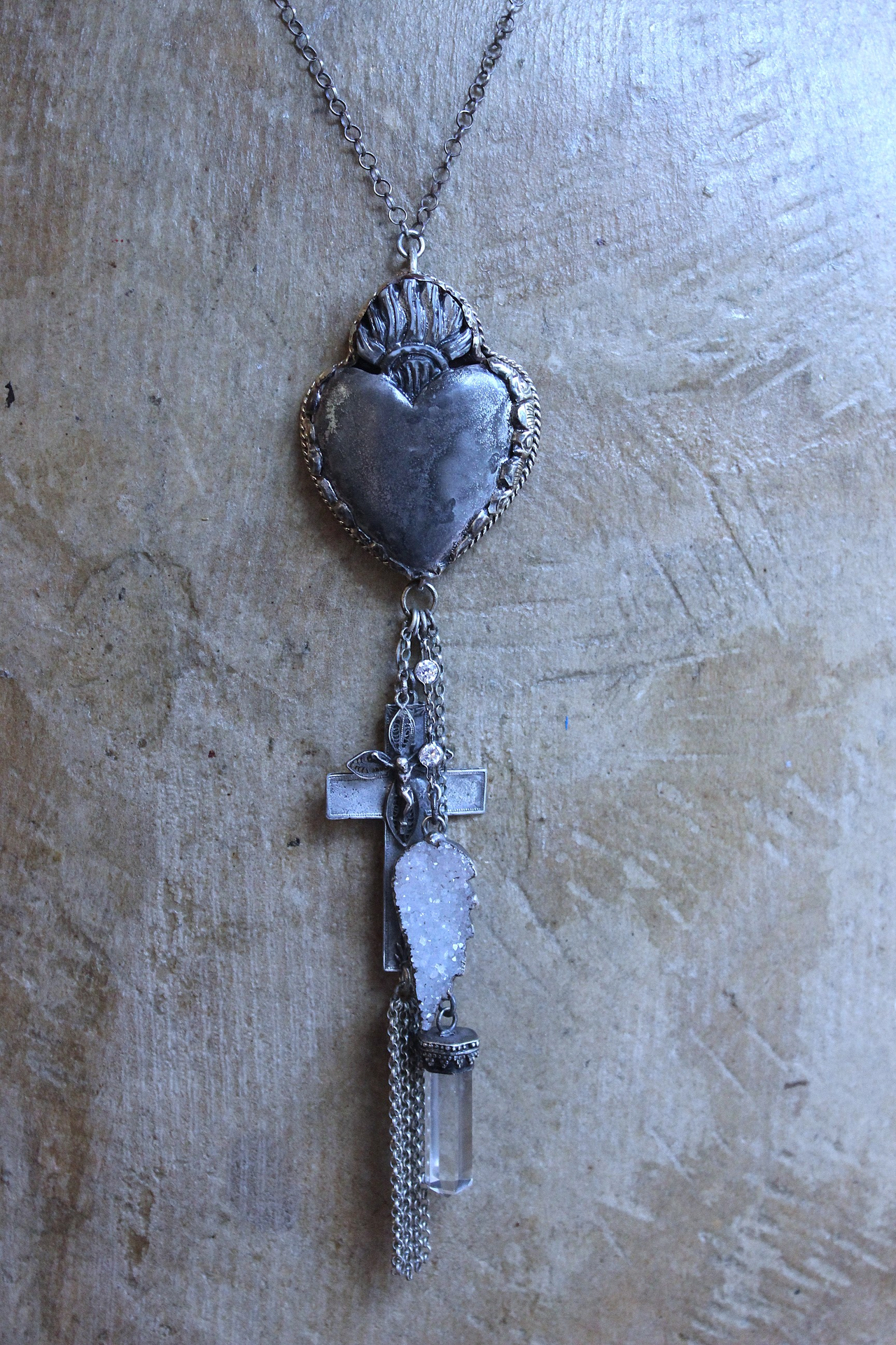 Unique Flaming Sacred Heart Pendant Necklace with Sterling Belcher Chain,Tiny Sterling Crucifix,Sterling Capped Clear Quartz Point & More!
