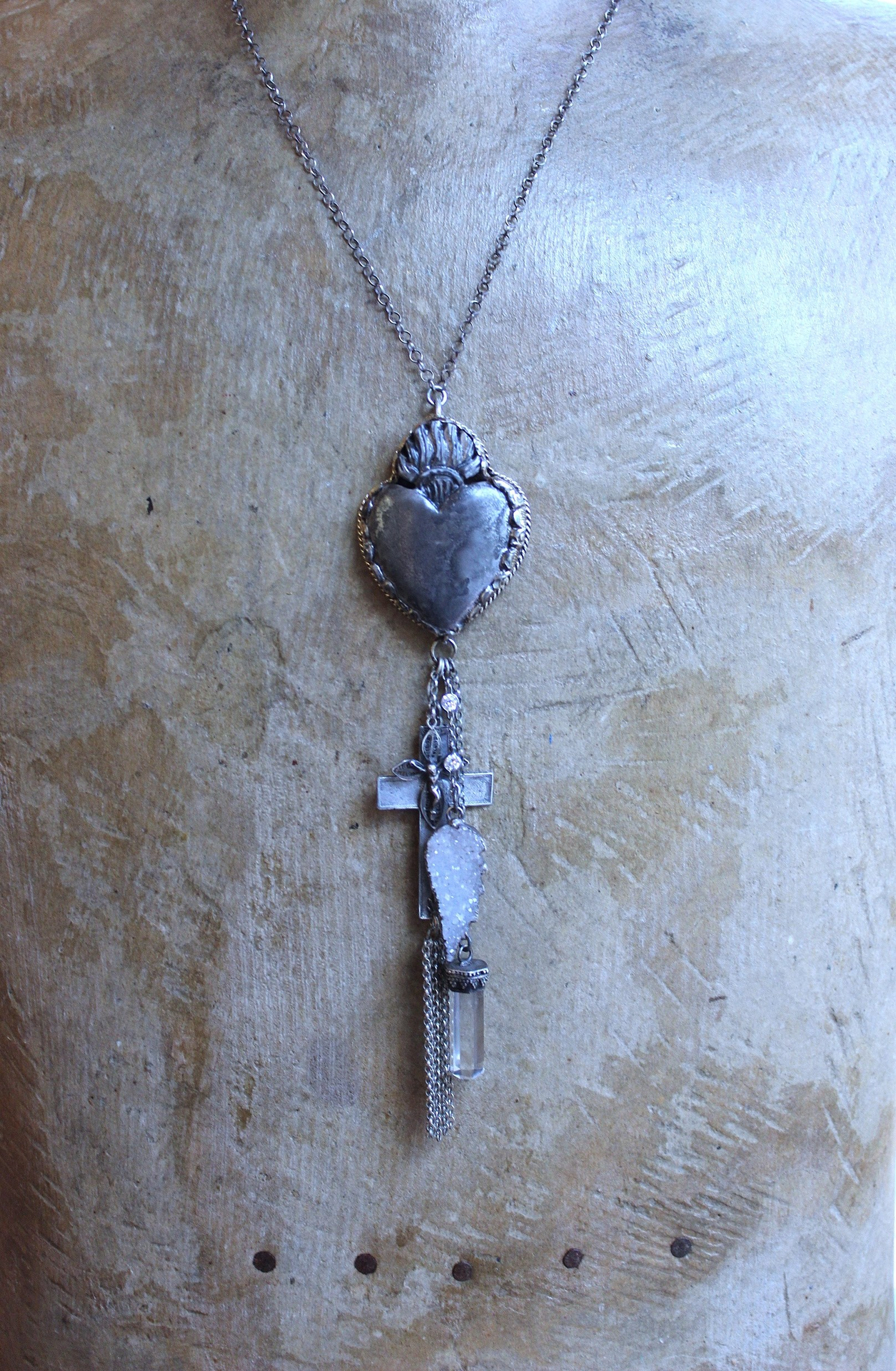 Unique Flaming Sacred Heart Pendant Necklace with Sterling Belcher Chain,Tiny Sterling Crucifix,Sterling Capped Clear Quartz Point & More!