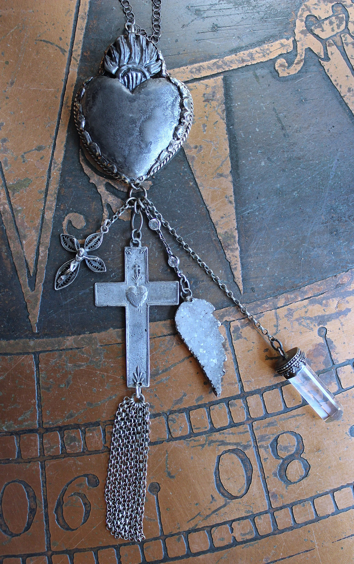 Unique Flaming Sacred Heart Pendant Necklace with Sterling Belcher Chain,Tiny Sterling Crucifix,Sterling Capped Clear Quartz Point & More!