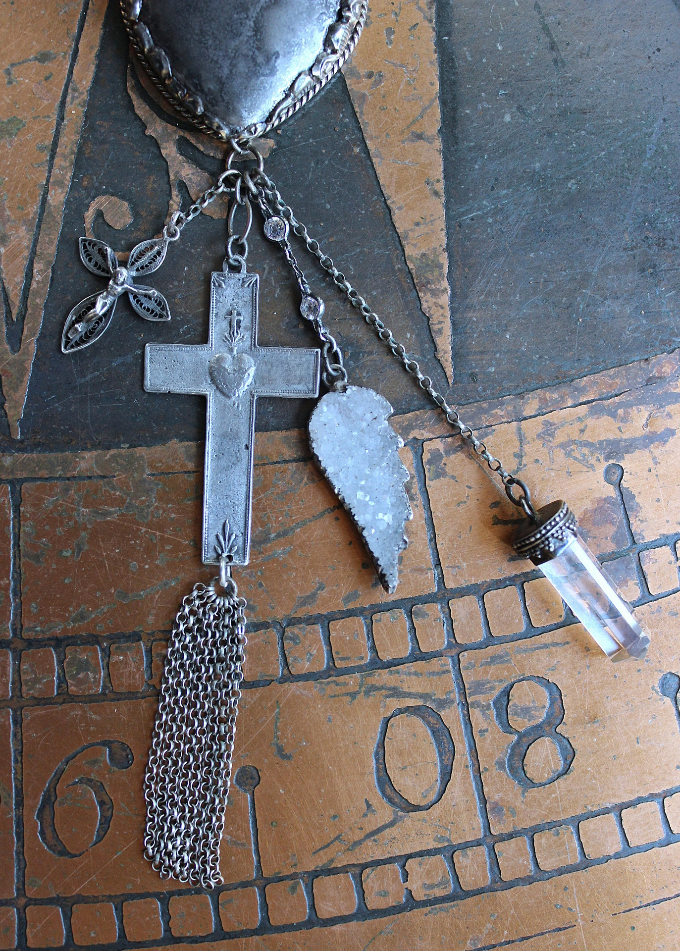 Unique Flaming Sacred Heart Pendant Necklace with Sterling Belcher Chain,Tiny Sterling Crucifix,Sterling Capped Clear Quartz Point & More!