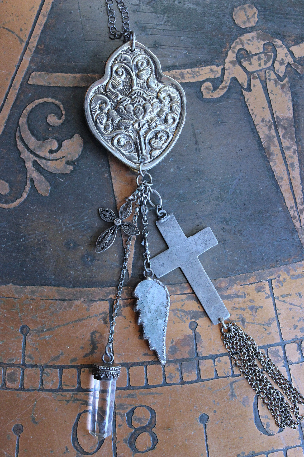 Unique Flaming Sacred Heart Pendant Necklace with Sterling Belcher Chain,Tiny Sterling Crucifix,Sterling Capped Clear Quartz Point & More!