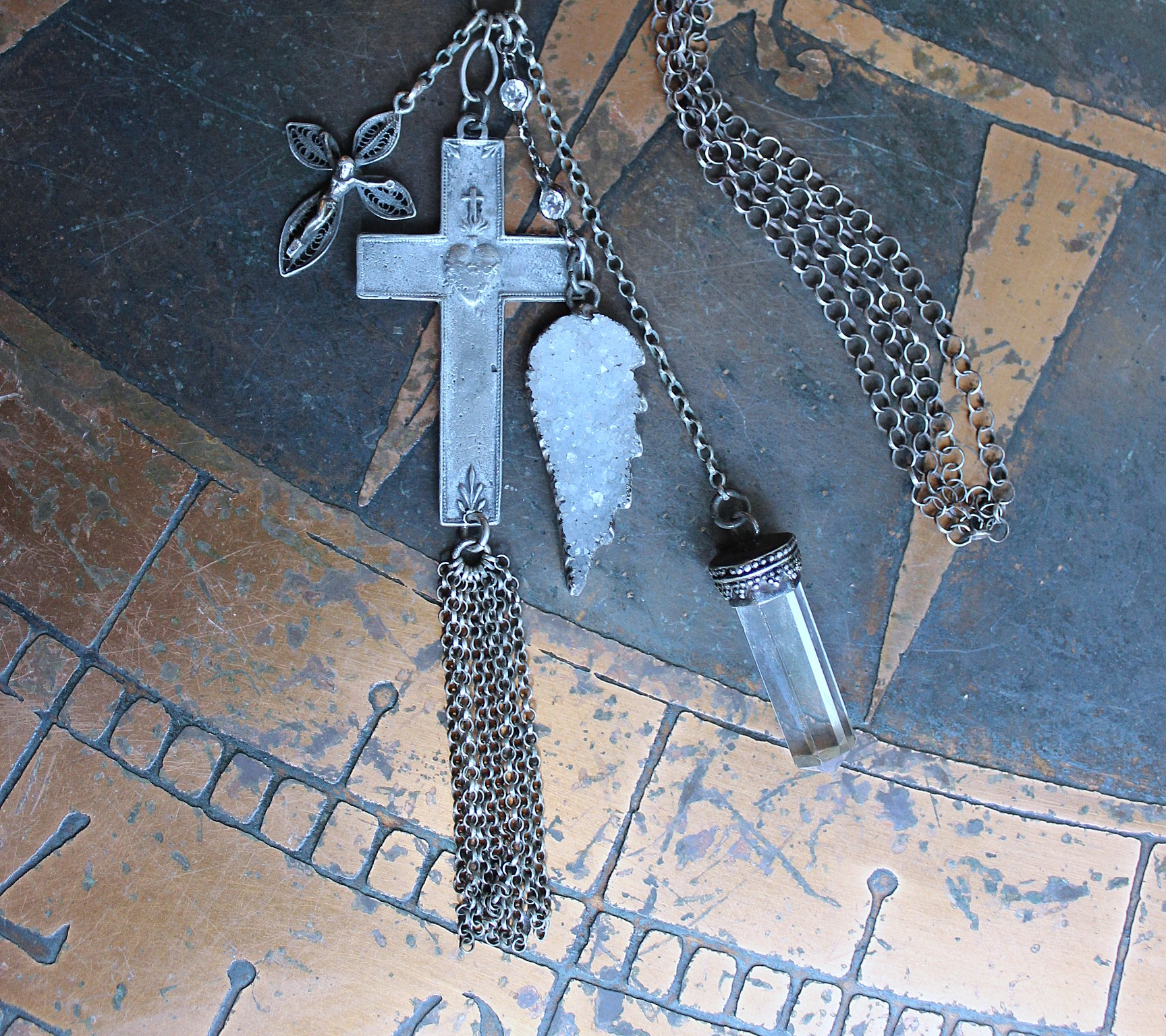 Unique Flaming Sacred Heart Pendant Necklace with Sterling Belcher Chain,Tiny Sterling Crucifix,Sterling Capped Clear Quartz Point & More!