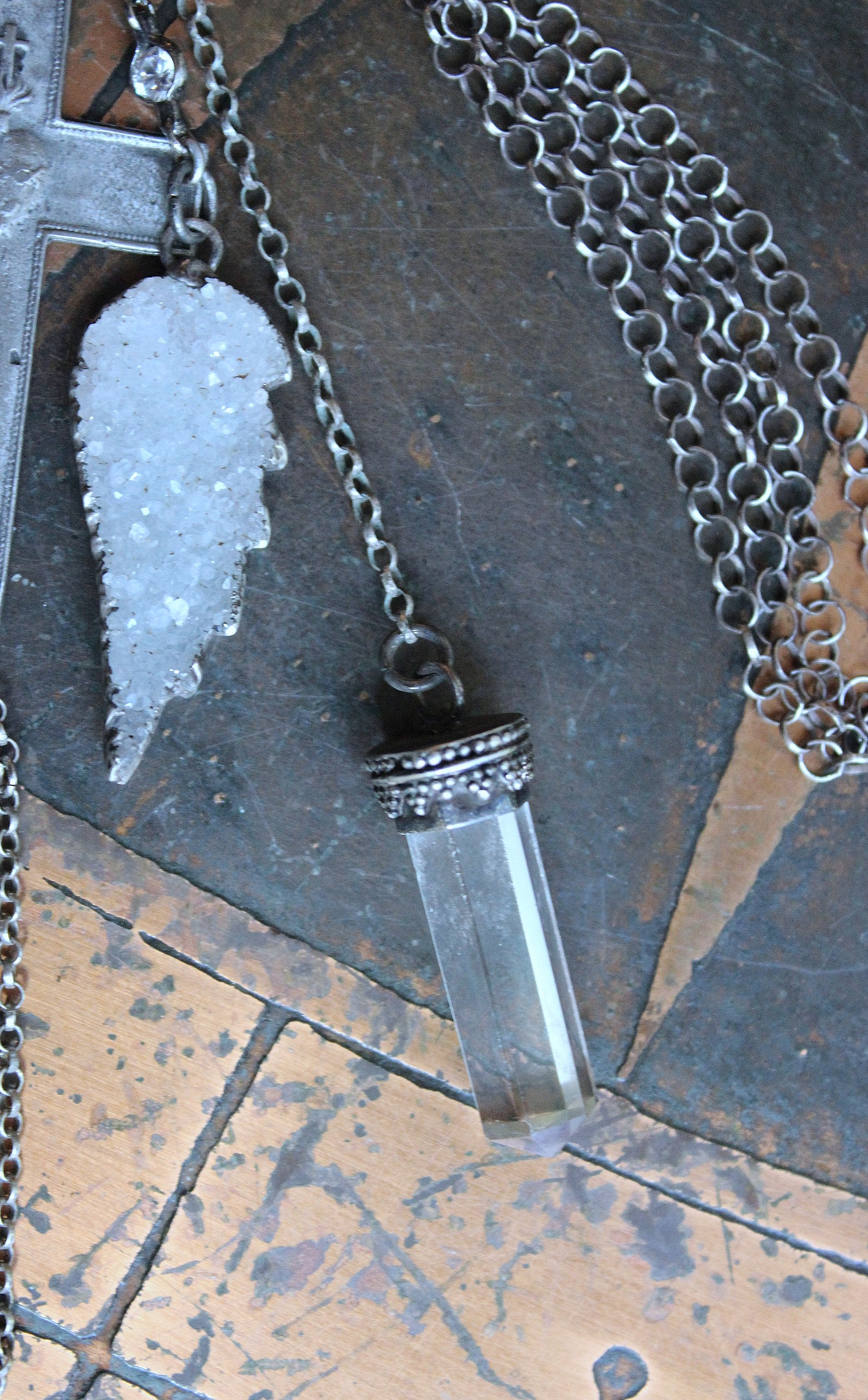 Unique Flaming Sacred Heart Pendant Necklace with Sterling Belcher Chain,Tiny Sterling Crucifix,Sterling Capped Clear Quartz Point & More!