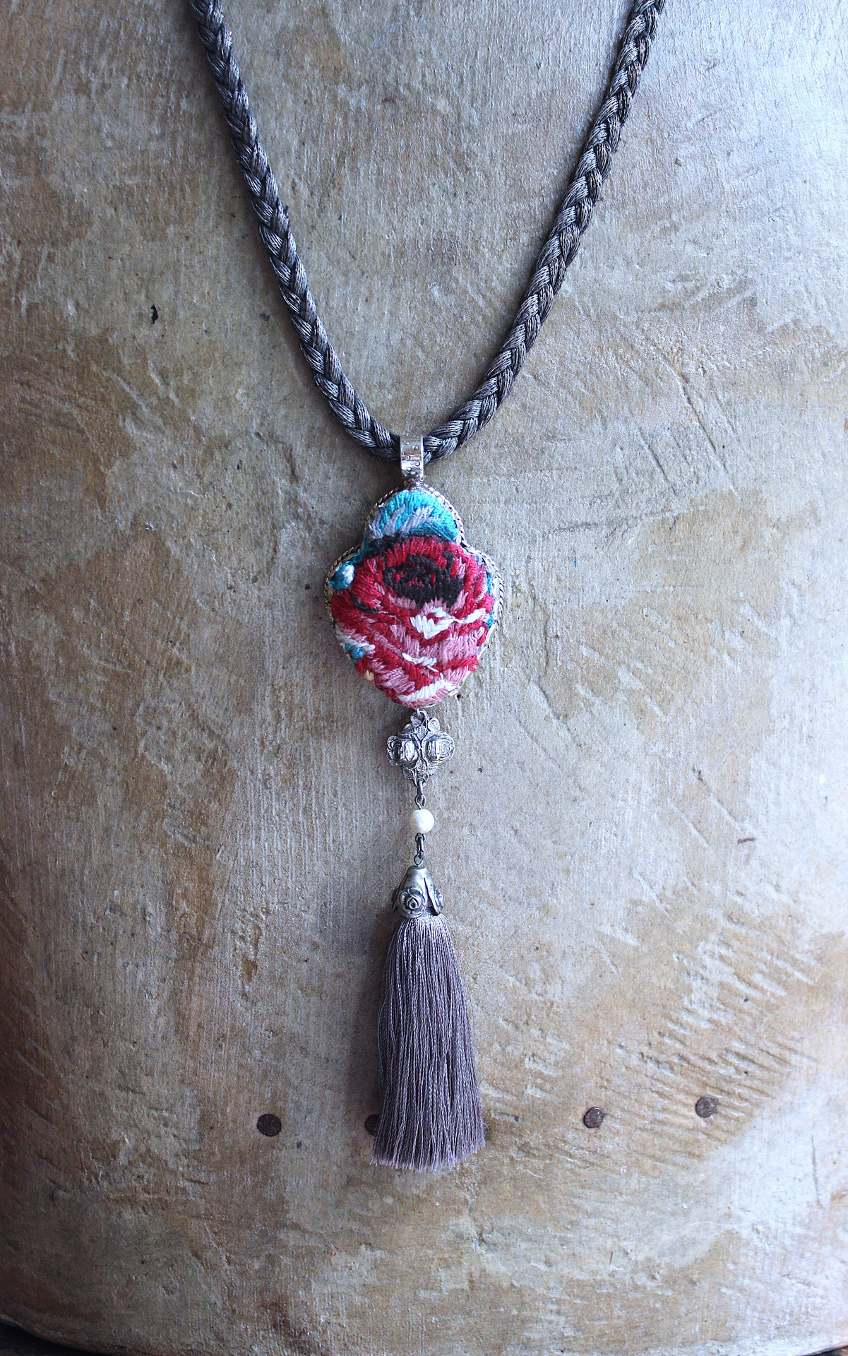 It Felt Love Necklace w/Embroidered Rose Heart Pendant,Antique Sterling Rose Medal,Antique Rose Capped Tassel & Antique Real Metal Braided Trim Chain