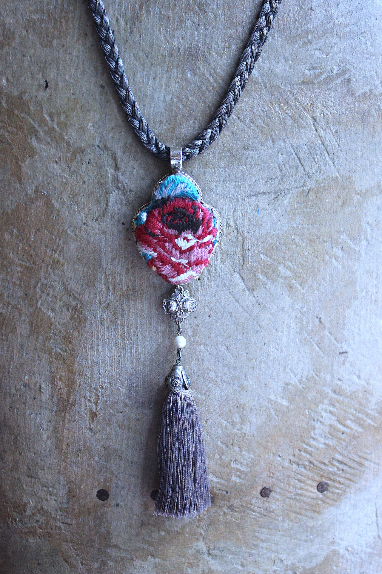 It Felt Love Necklace w/Embroidered Rose Heart Pendant,Antique Sterling Rose Medal,Antique Rose Capped Tassel & Antique Real Metal Braided Trim Chain