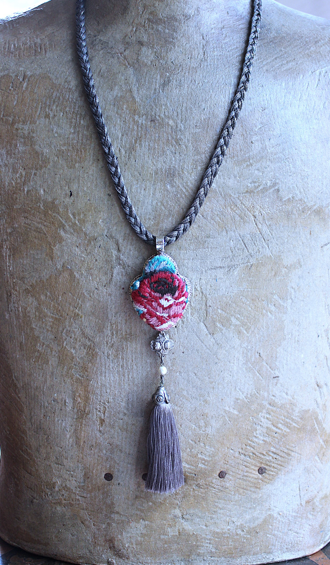It Felt Love Necklace w/Embroidered Rose Heart Pendant,Antique Sterling Rose Medal,Antique Rose Capped Tassel & Antique Real Metal Braided Trim Chain