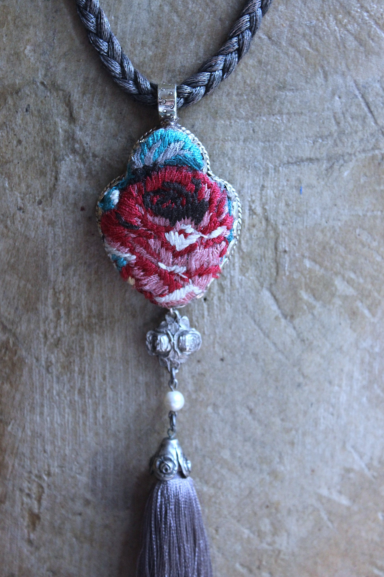 It Felt Love Necklace w/Embroidered Rose Heart Pendant,Antique Sterling Rose Medal,Antique Rose Capped Tassel & Antique Real Metal Braided Trim Chain