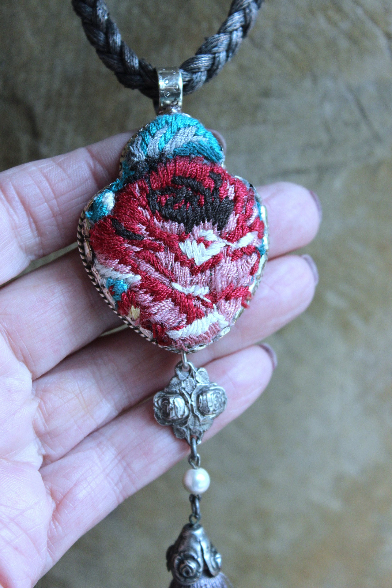 It Felt Love Necklace w/Embroidered Rose Heart Pendant,Antique Sterling Rose Medal,Antique Rose Capped Tassel & Antique Real Metal Braided Trim Chain