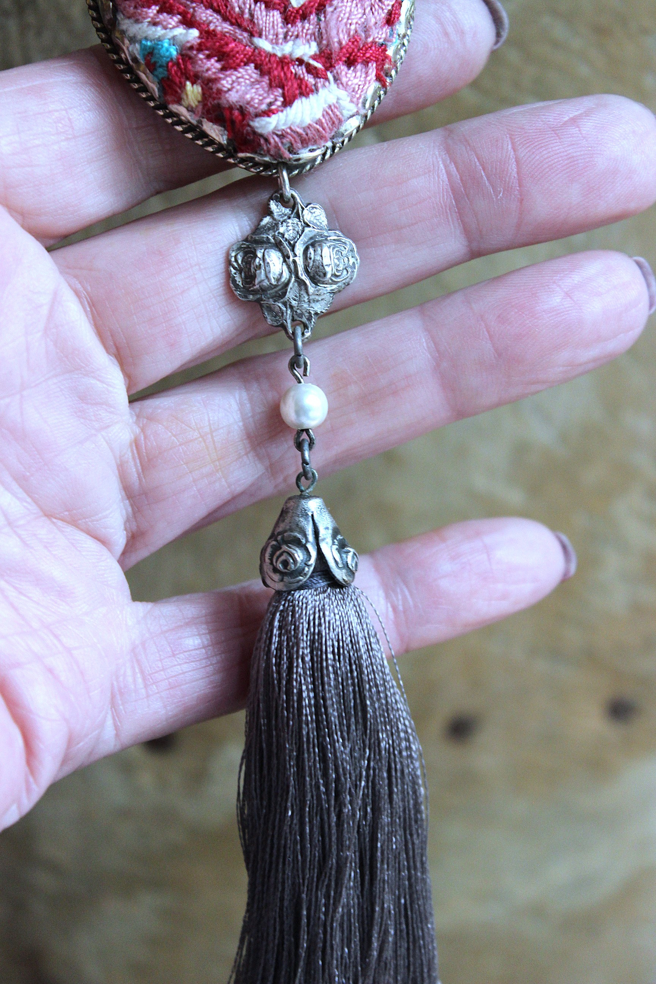 It Felt Love Necklace w/Embroidered Rose Heart Pendant,Antique Sterling Rose Medal,Antique Rose Capped Tassel & Antique Real Metal Braided Trim Chain
