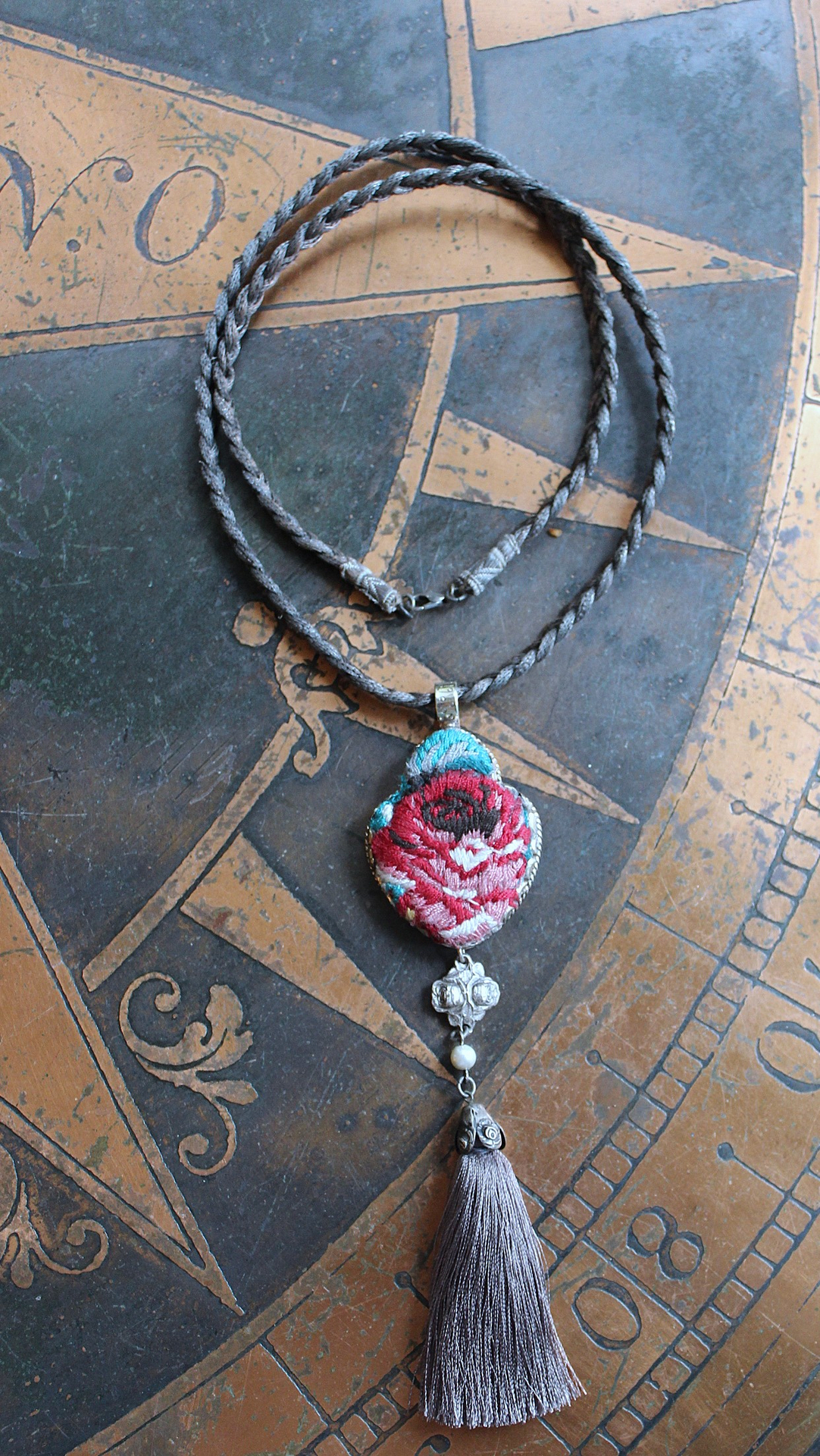 It Felt Love Necklace w/Embroidered Rose Heart Pendant,Antique Sterling Rose Medal,Antique Rose Capped Tassel & Antique Real Metal Braided Trim Chain