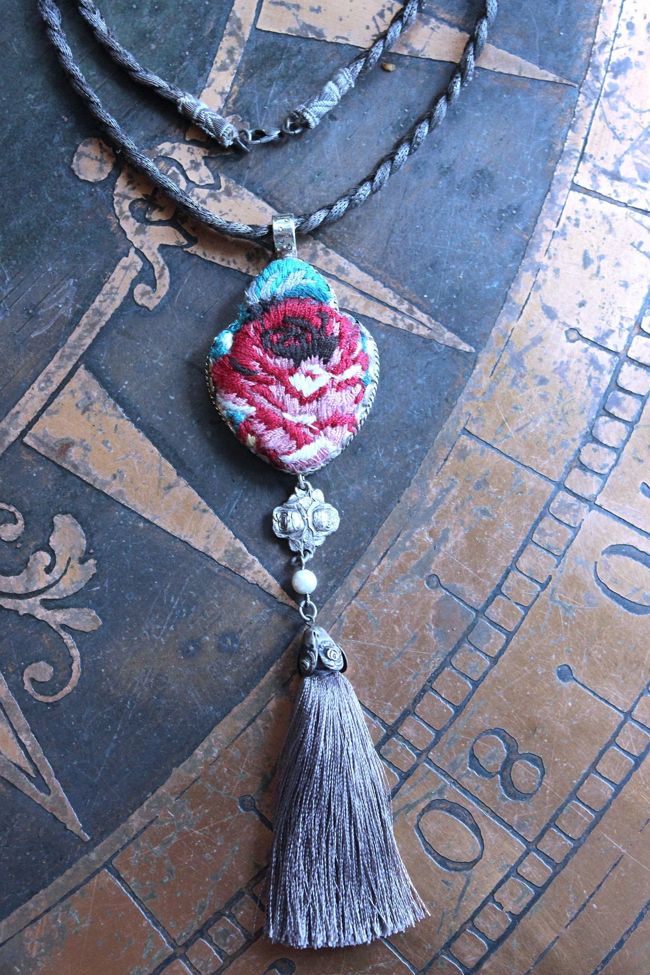 It Felt Love Necklace w/Embroidered Rose Heart Pendant,Antique Sterling Rose Medal,Antique Rose Capped Tassel & Antique Real Metal Braided Trim Chain