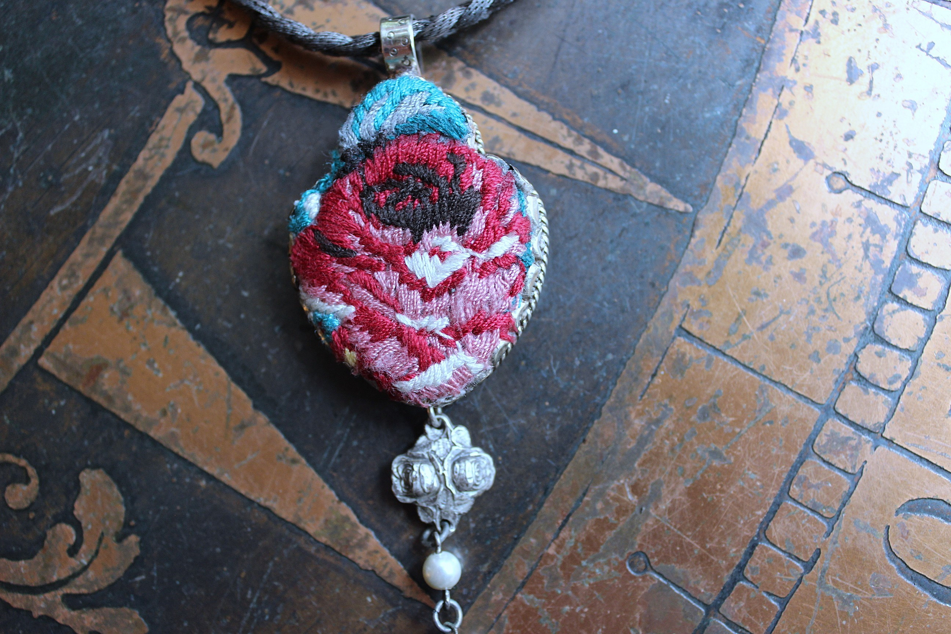 It Felt Love Necklace w/Embroidered Rose Heart Pendant,Antique Sterling Rose Medal,Antique Rose Capped Tassel & Antique Real Metal Braided Trim Chain
