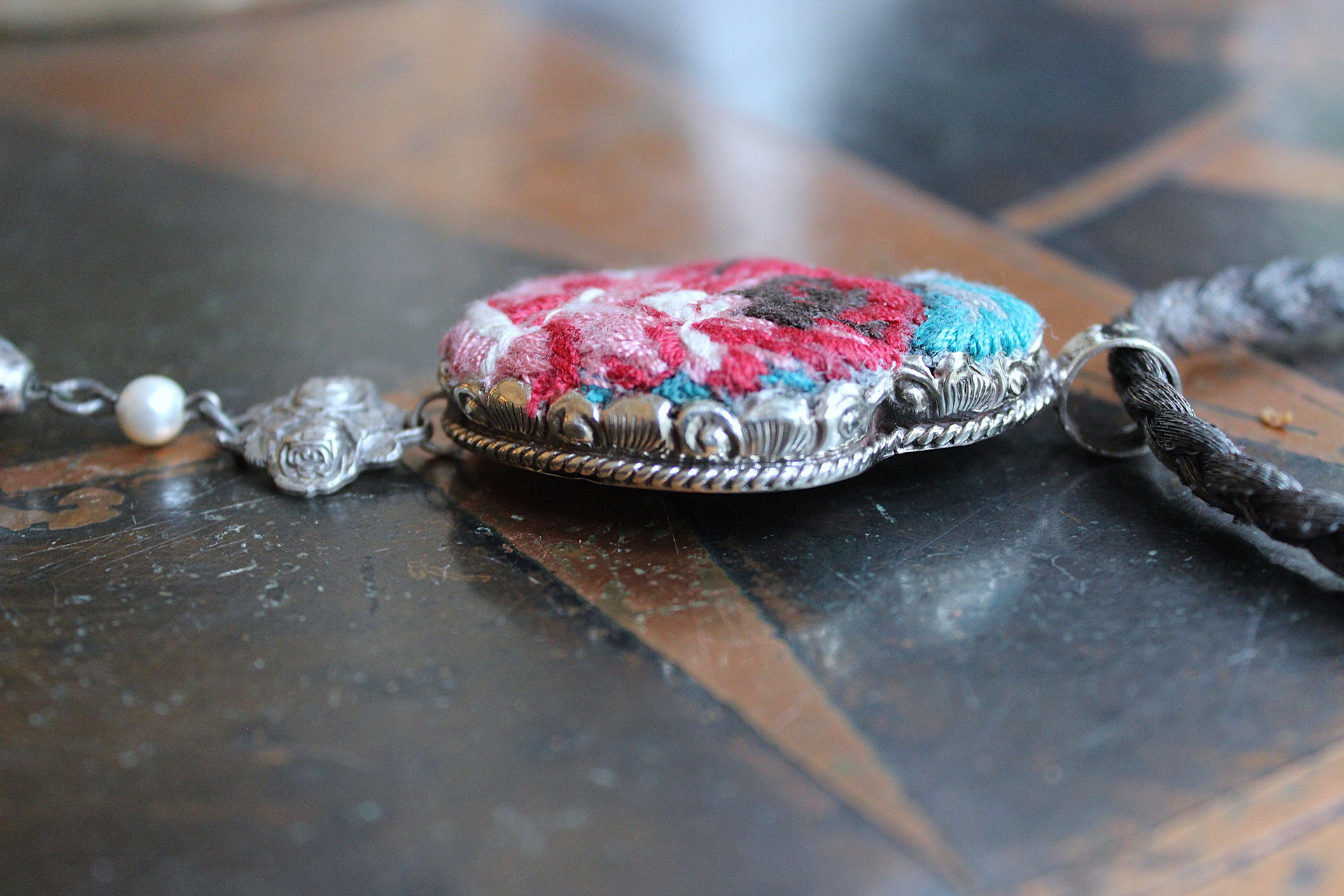 It Felt Love Necklace w/Embroidered Rose Heart Pendant,Antique Sterling Rose Medal,Antique Rose Capped Tassel & Antique Real Metal Braided Trim Chain