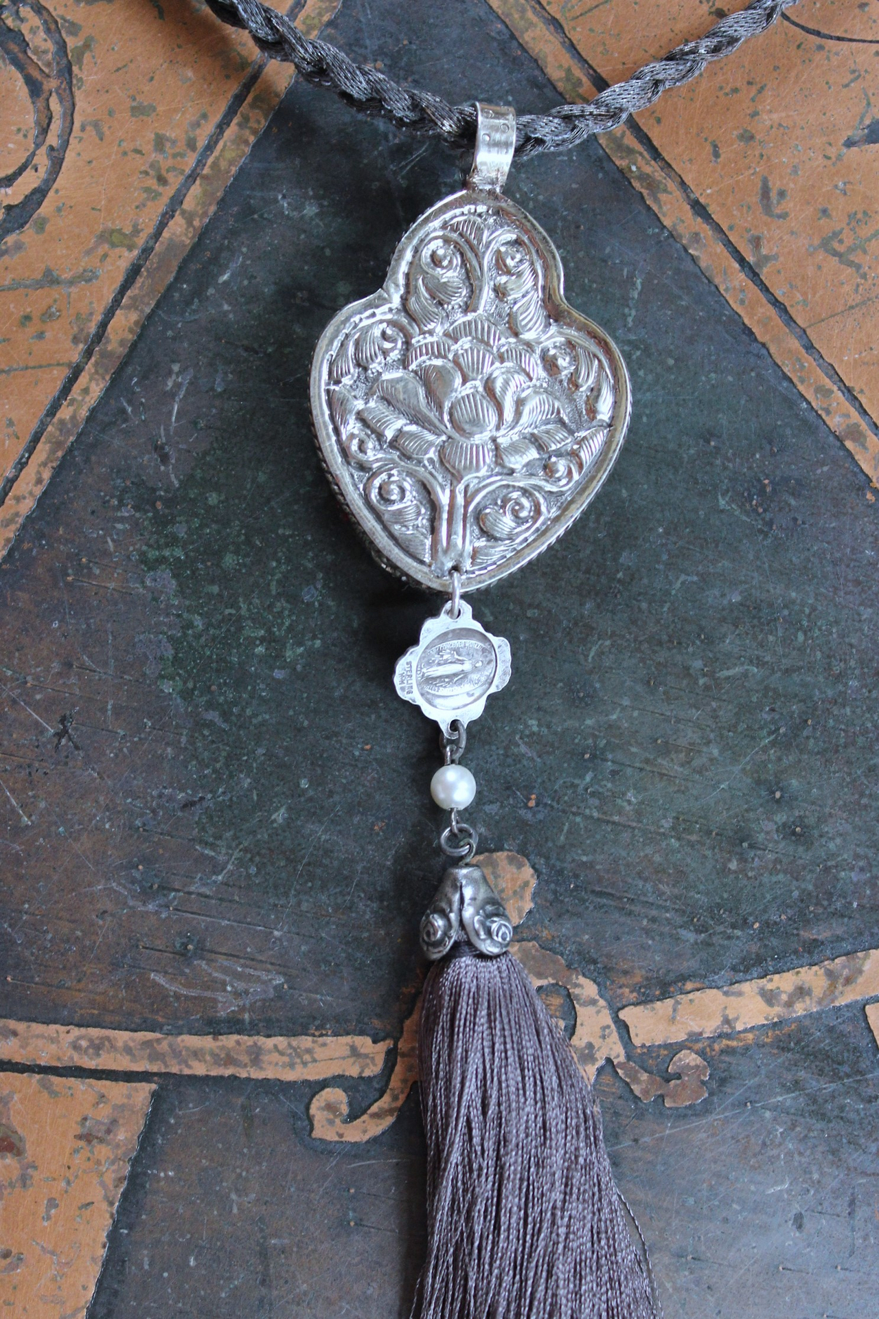It Felt Love Necklace w/Embroidered Rose Heart Pendant,Antique Sterling Rose Medal,Antique Rose Capped Tassel & Antique Real Metal Braided Trim Chain