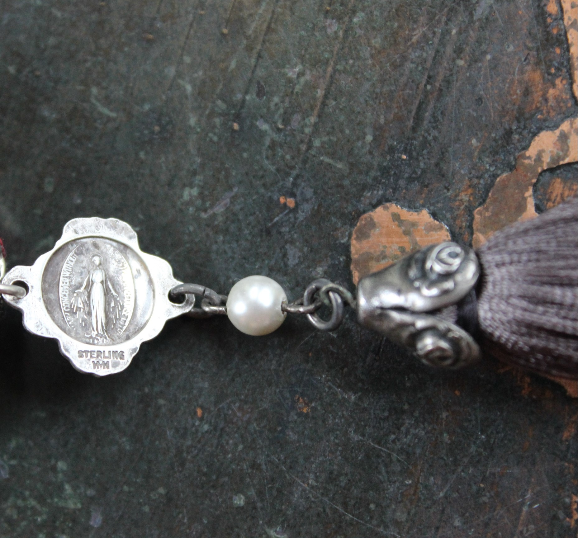 It Felt Love Necklace w/Embroidered Rose Heart Pendant,Antique Sterling Rose Medal,Antique Rose Capped Tassel & Antique Real Metal Braided Trim Chain
