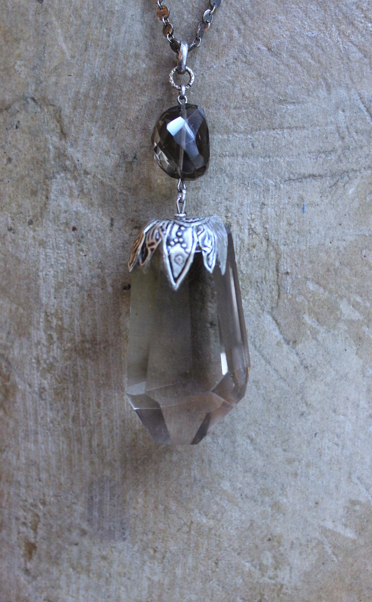 The Protection Necklace with a Uniquely Capped Smoky Quartz Free Form Pendant, Silver Paillete Chain & Checkerboard Faceted Smoky Quartz Connector