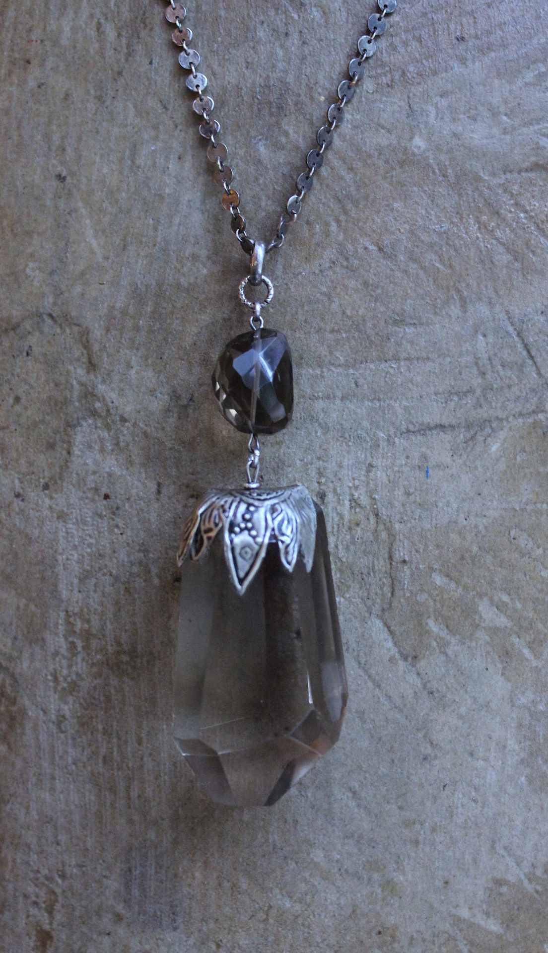 The Protection Necklace with a Uniquely Capped Smoky Quartz Free Form Pendant, Silver Paillete Chain & Checkerboard Faceted Smoky Quartz Connector