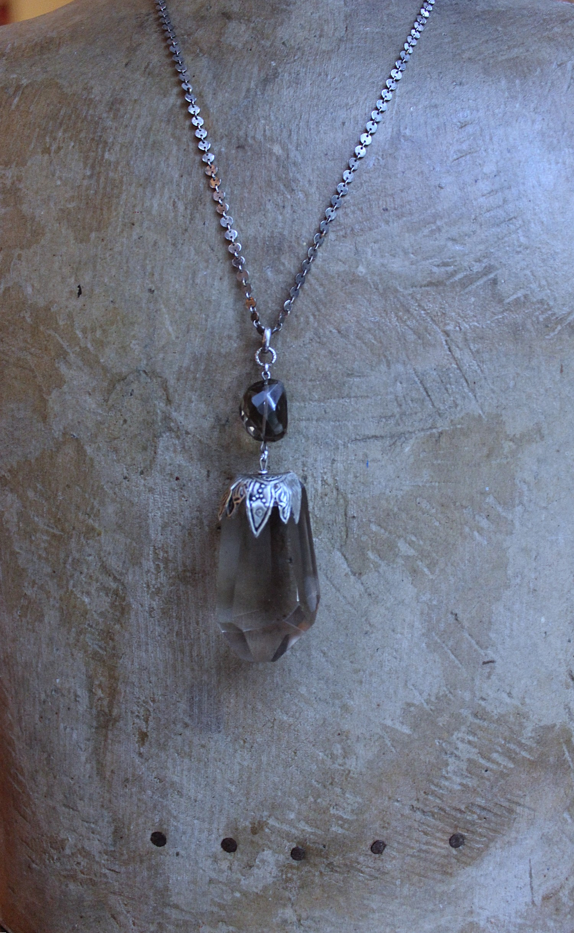 The Protection Necklace with a Uniquely Capped Smoky Quartz Free Form Pendant, Silver Paillete Chain & Checkerboard Faceted Smoky Quartz Connector