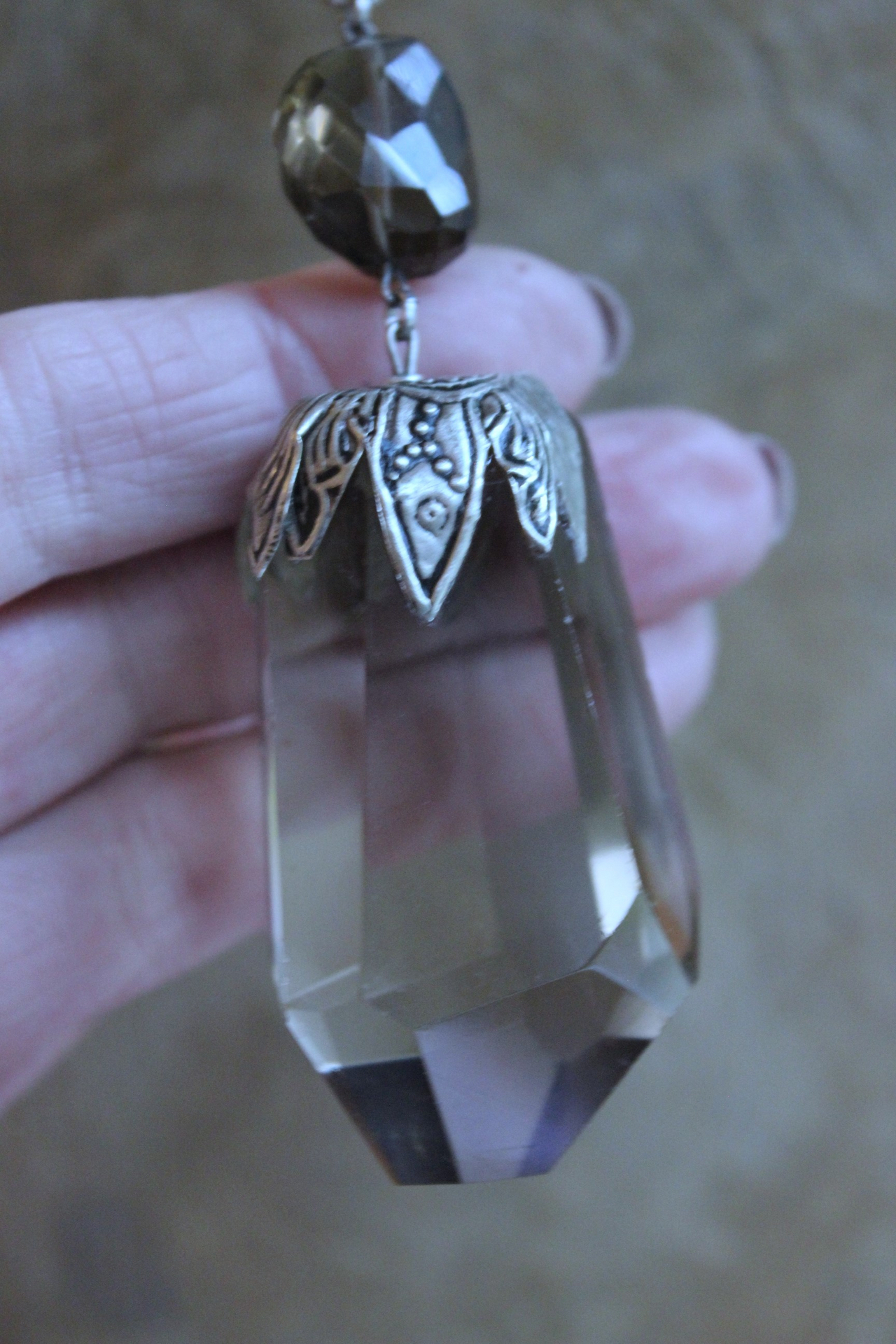 The Protection Necklace with a Uniquely Capped Smoky Quartz Free Form Pendant, Silver Paillete Chain & Checkerboard Faceted Smoky Quartz Connector