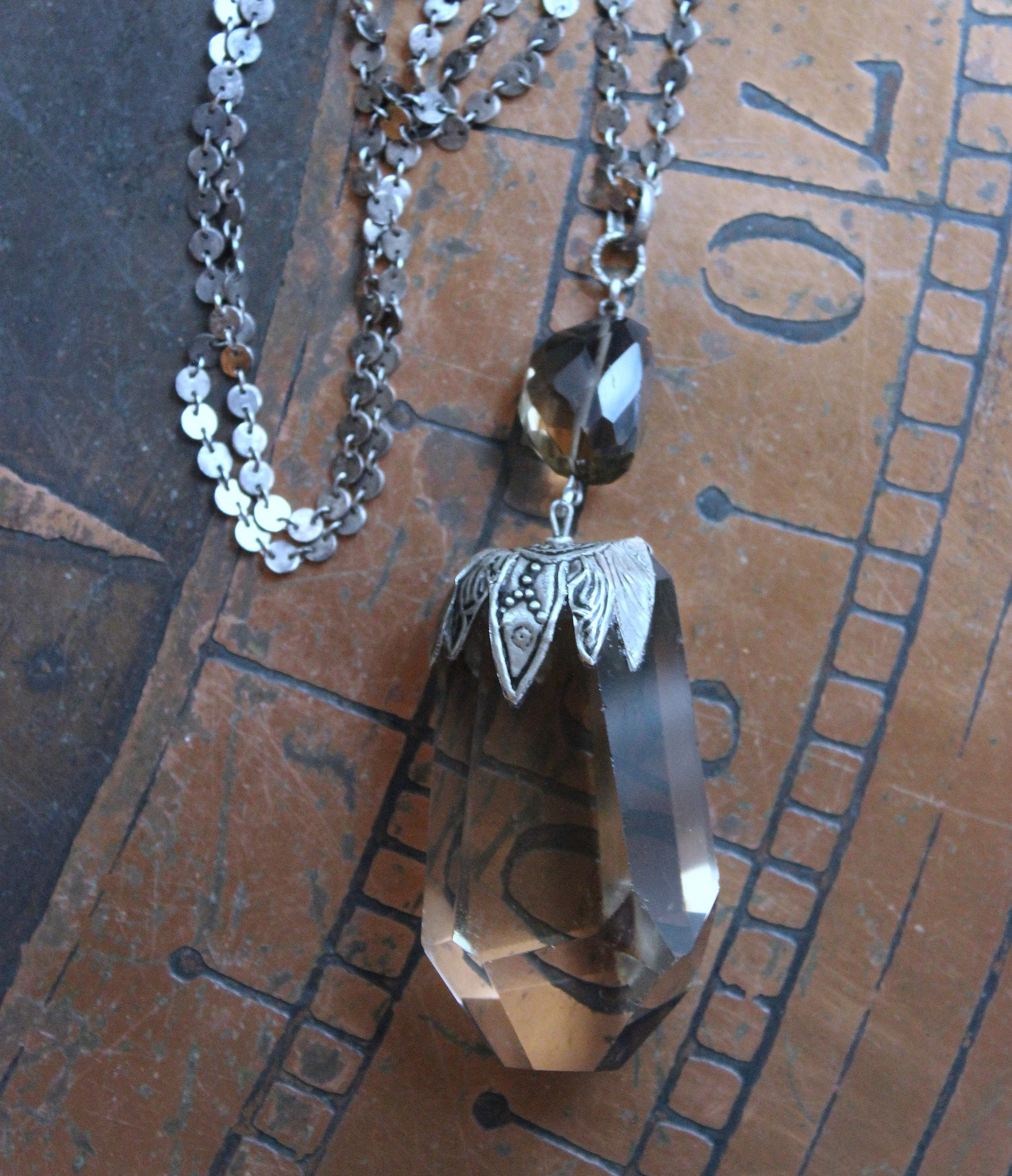The Protection Necklace with a Uniquely Capped Smoky Quartz Free Form Pendant, Silver Paillete Chain & Checkerboard Faceted Smoky Quartz Connector