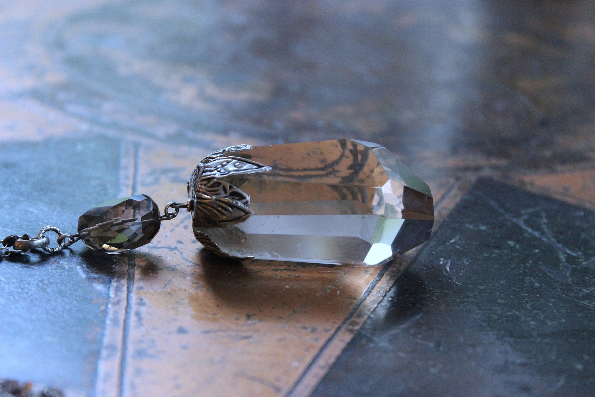 The Protection Necklace with a Uniquely Capped Smoky Quartz Free Form Pendant, Silver Paillete Chain & Checkerboard Faceted Smoky Quartz Connector