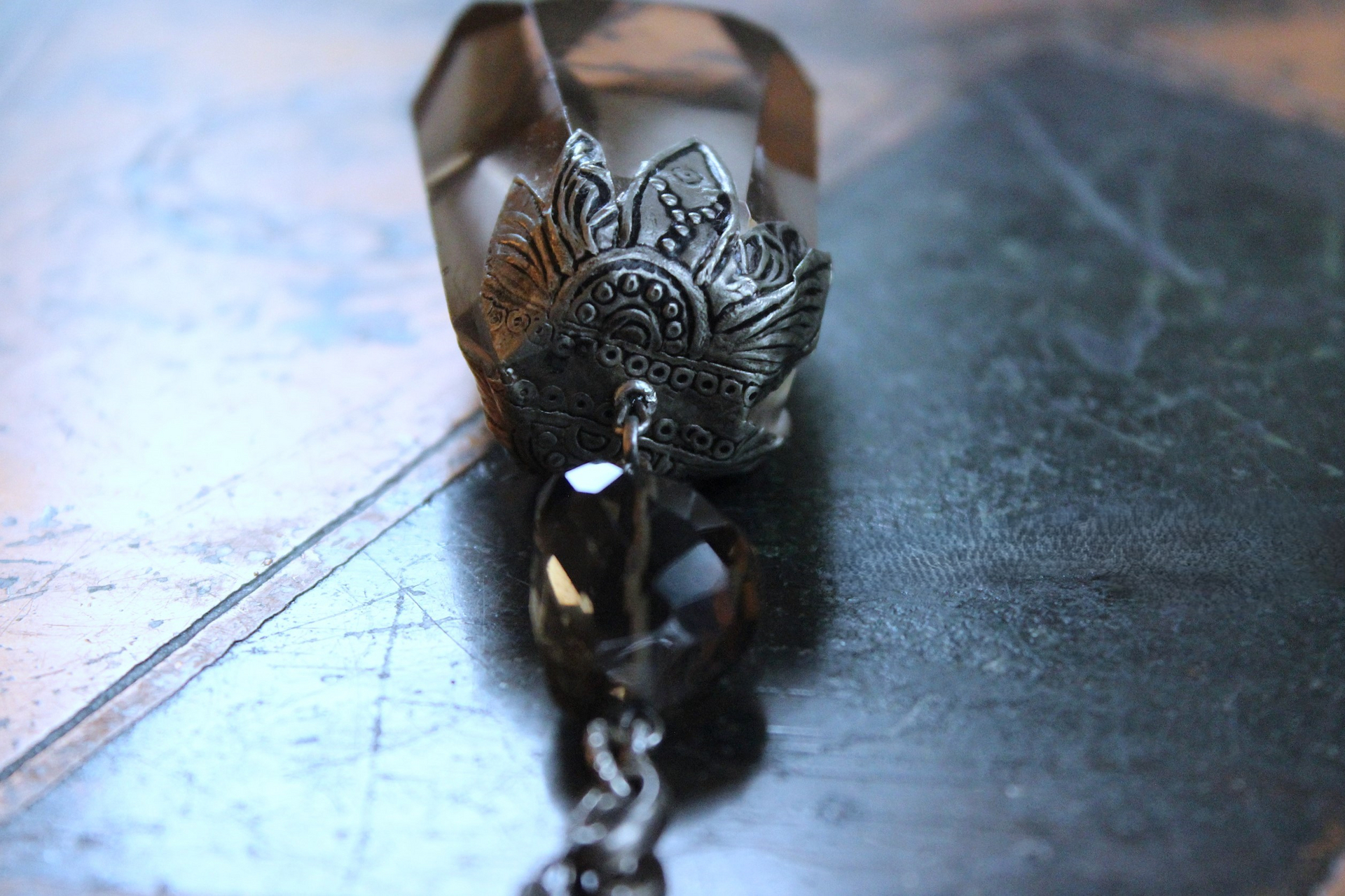 The Protection Necklace with a Uniquely Capped Smoky Quartz Free Form Pendant, Silver Paillete Chain & Checkerboard Faceted Smoky Quartz Connector