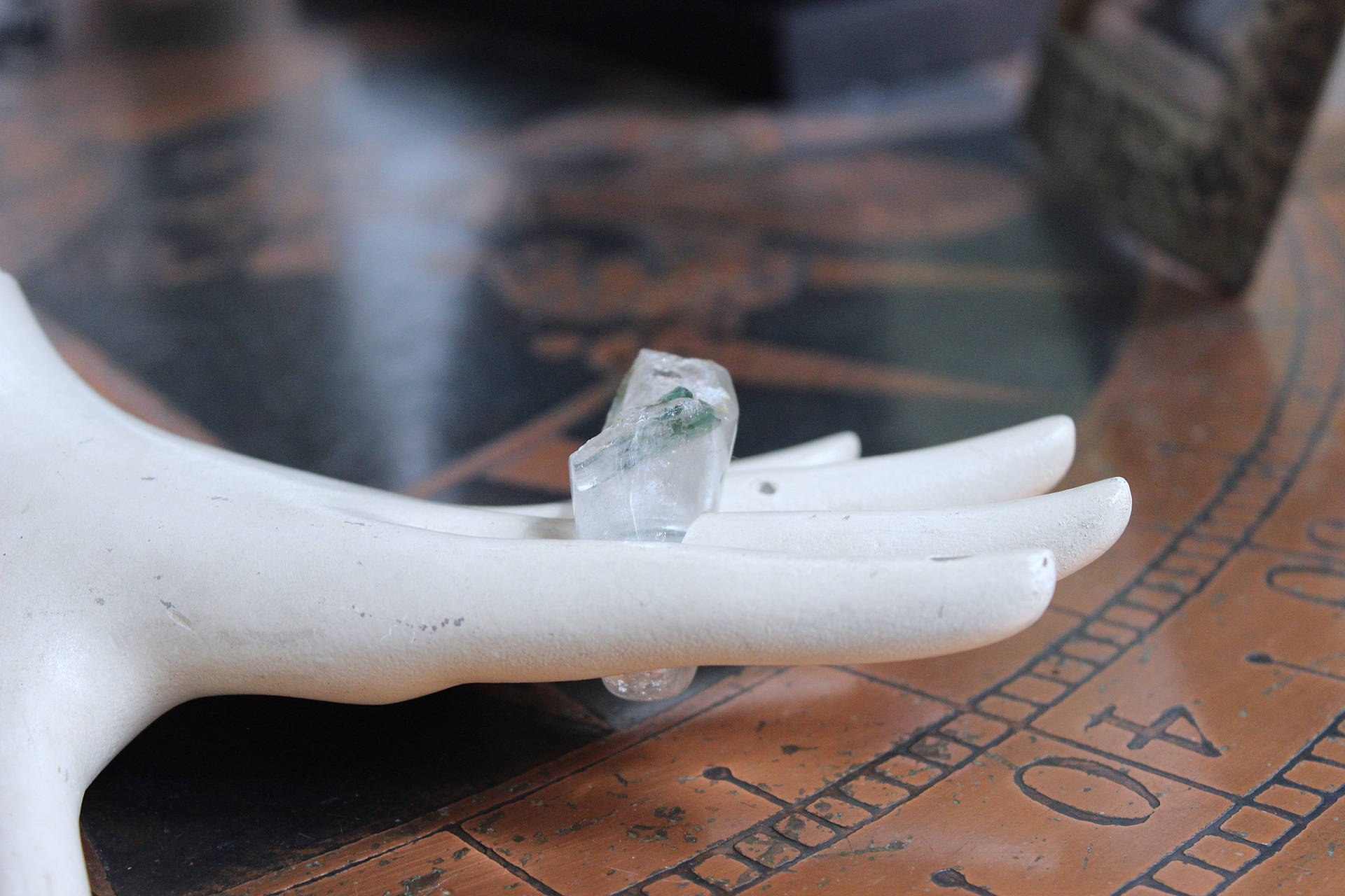 Rare Antique Clear Rock Quartz and Green Barrel Tourmaline Ring - size 8