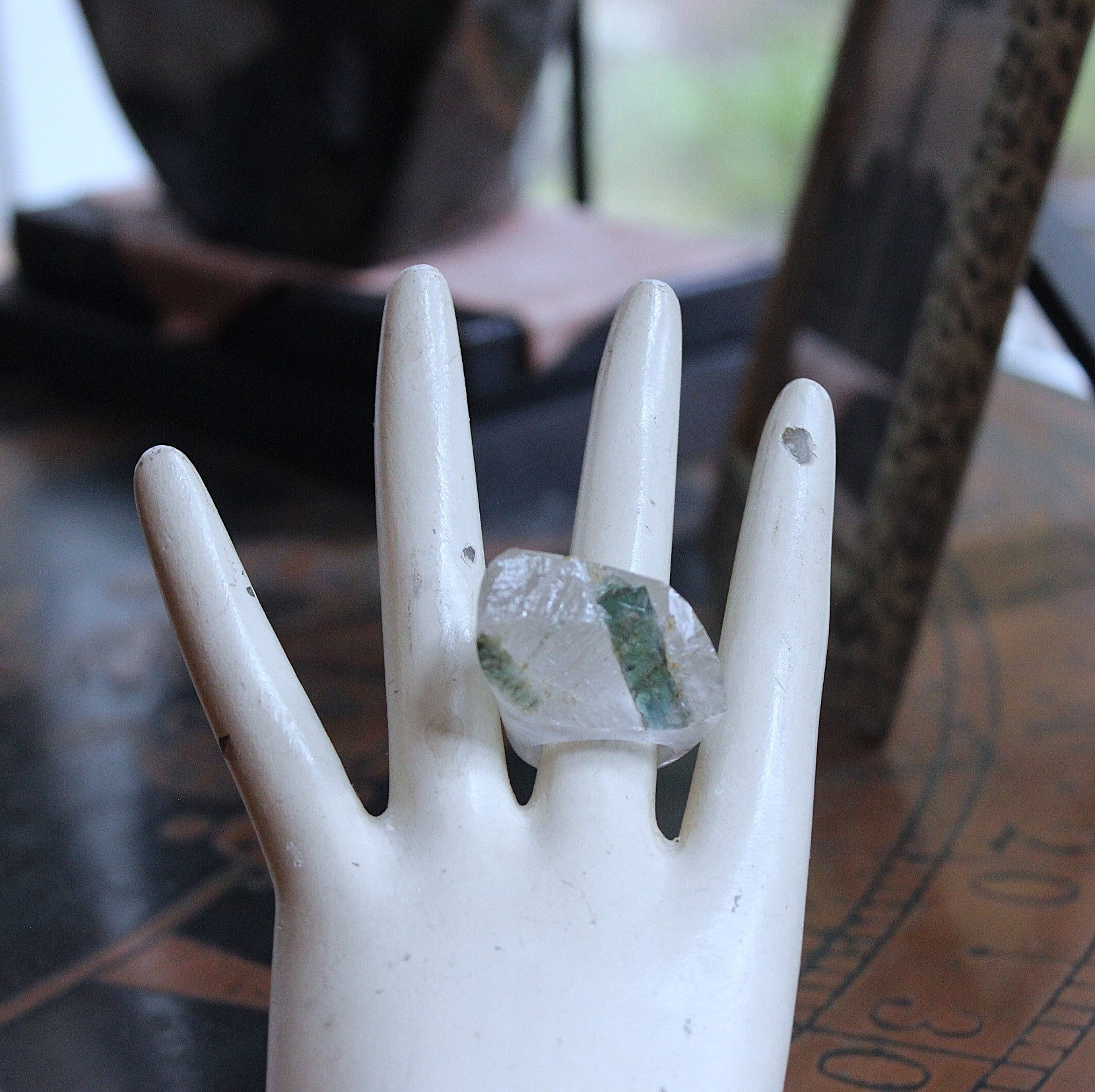 Rare Antique Clear Rock Quartz and Green Barrel Tourmaline Ring - size 8