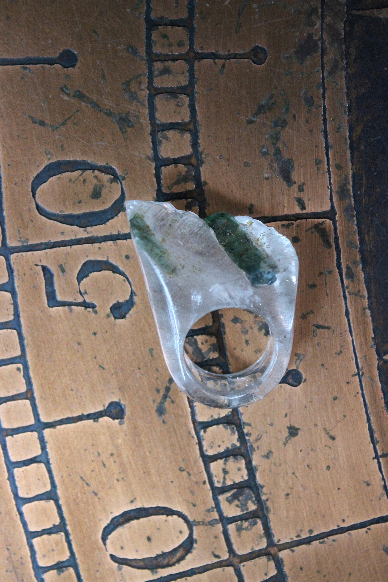 Rare Antique Clear Rock Quartz and Green Barrel Tourmaline Ring - size 8