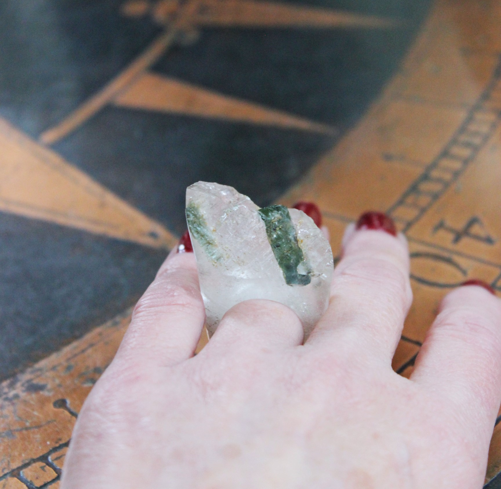 Rare Antique Clear Rock Quartz and Green Barrel Tourmaline Ring - size 8