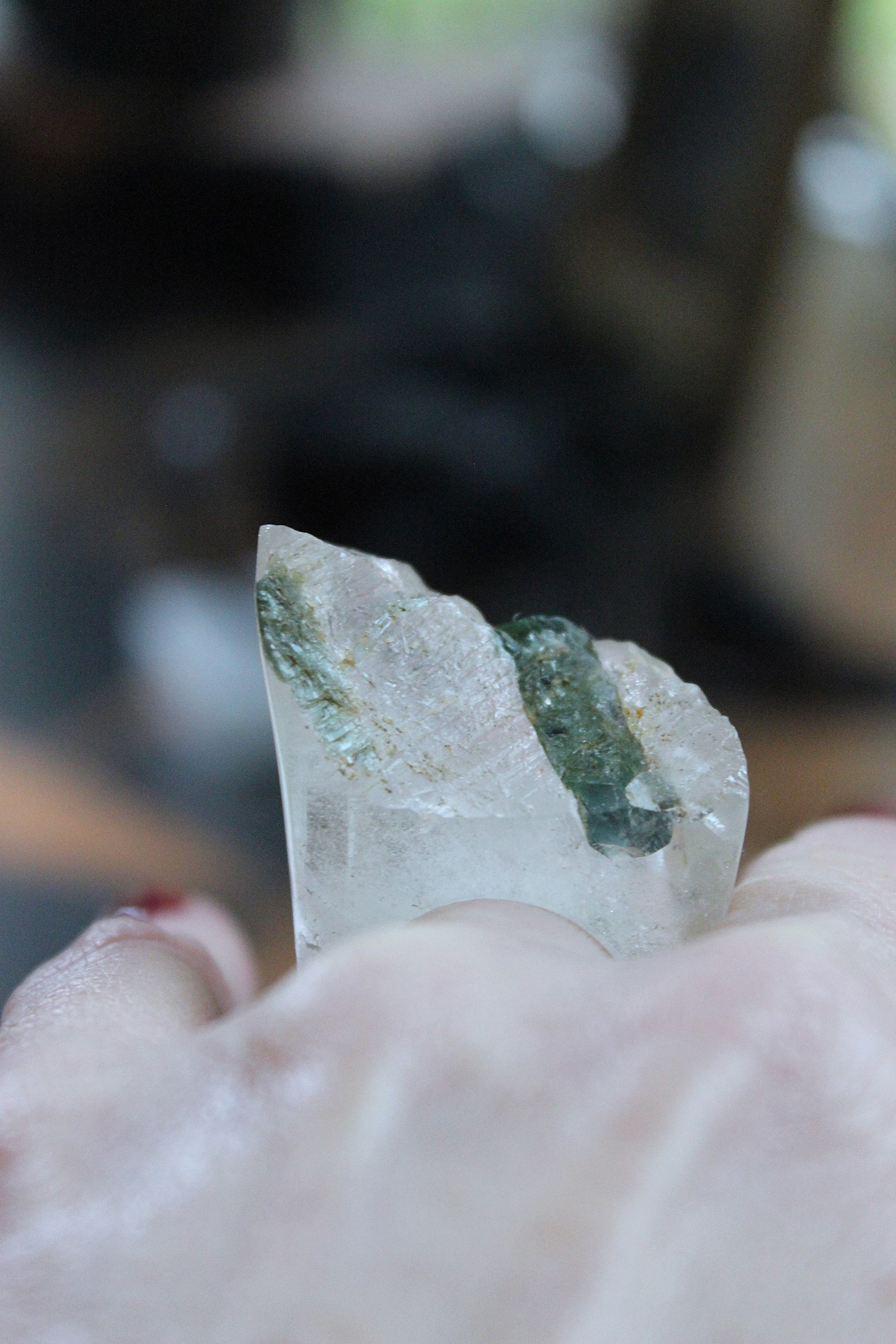Rare Antique Clear Rock Quartz and Green Barrel Tourmaline Ring - size 8