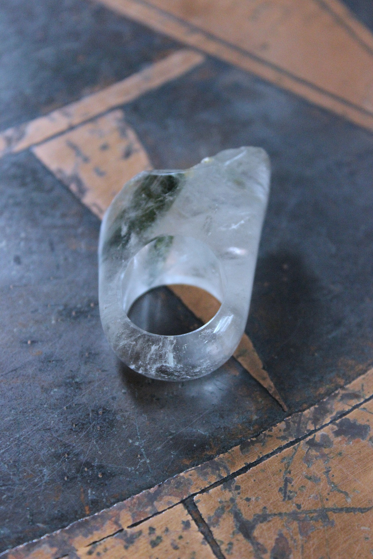 Rare Antique Clear Rock Quartz and Green Barrel Tourmaline Ring - size 8