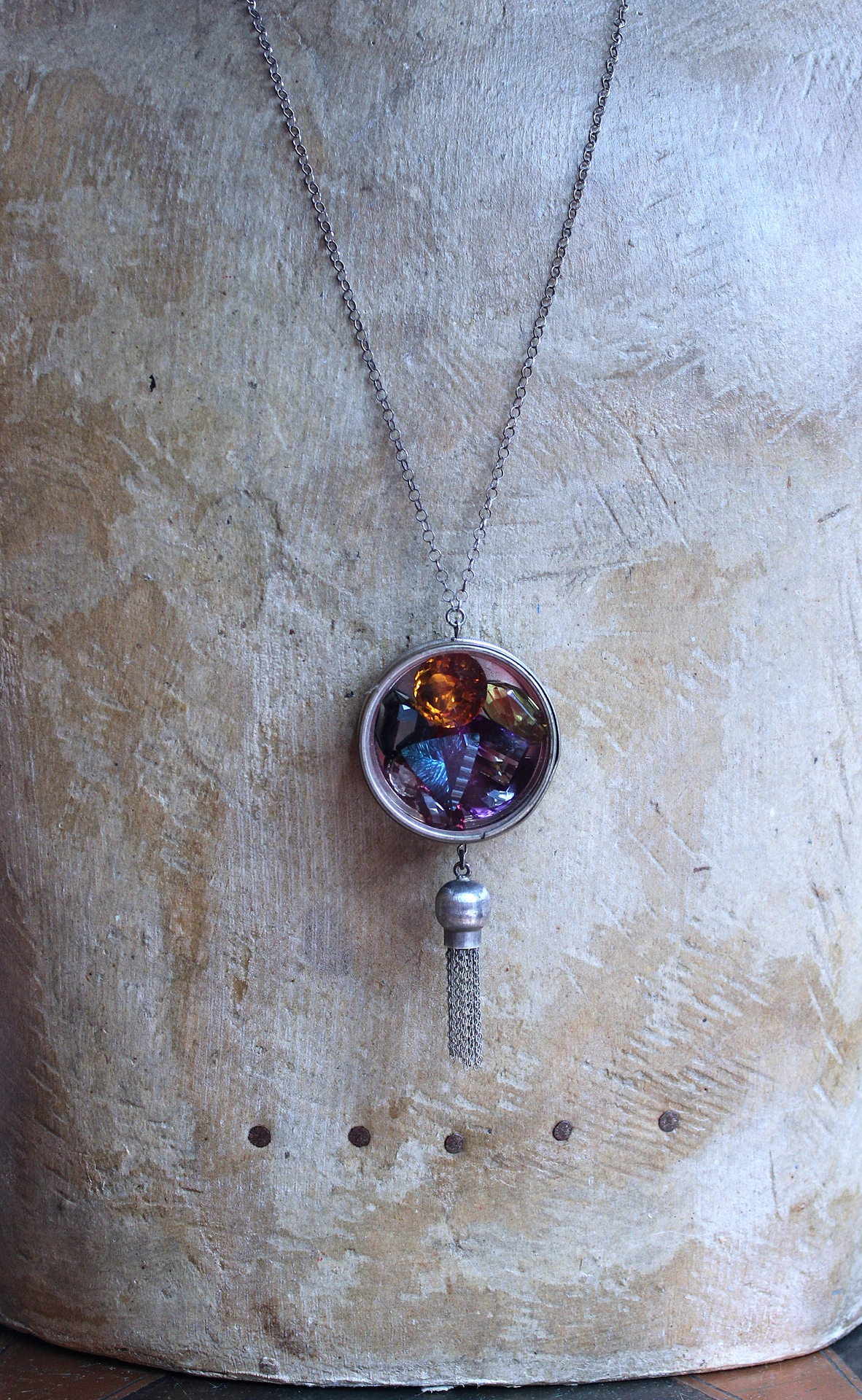 Rare Gem Collection Necklace with 9 Faceted Gemstones,Antique Pocket Watch Case, Sterling Belcher Chain and Sterling Tassel