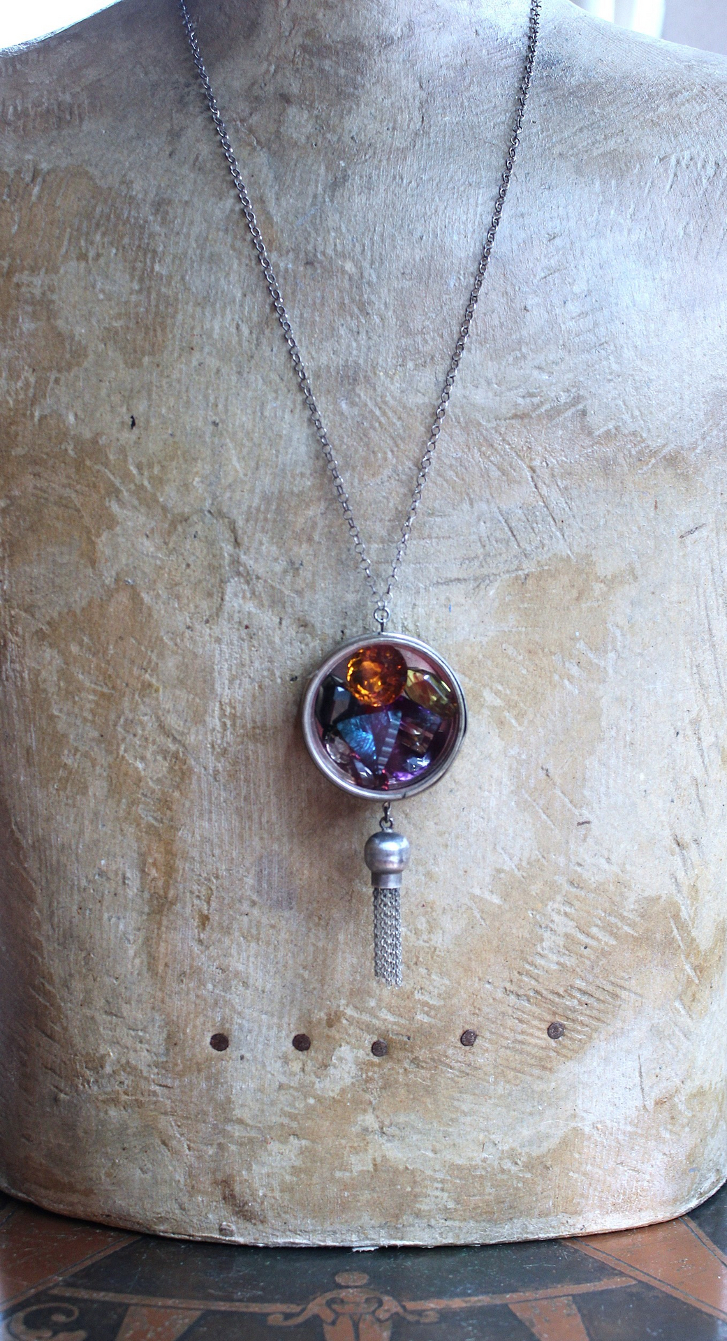 Rare Gem Collection Necklace with 9 Faceted Gemstones,Antique Pocket Watch Case, Sterling Belcher Chain and Sterling Tassel
