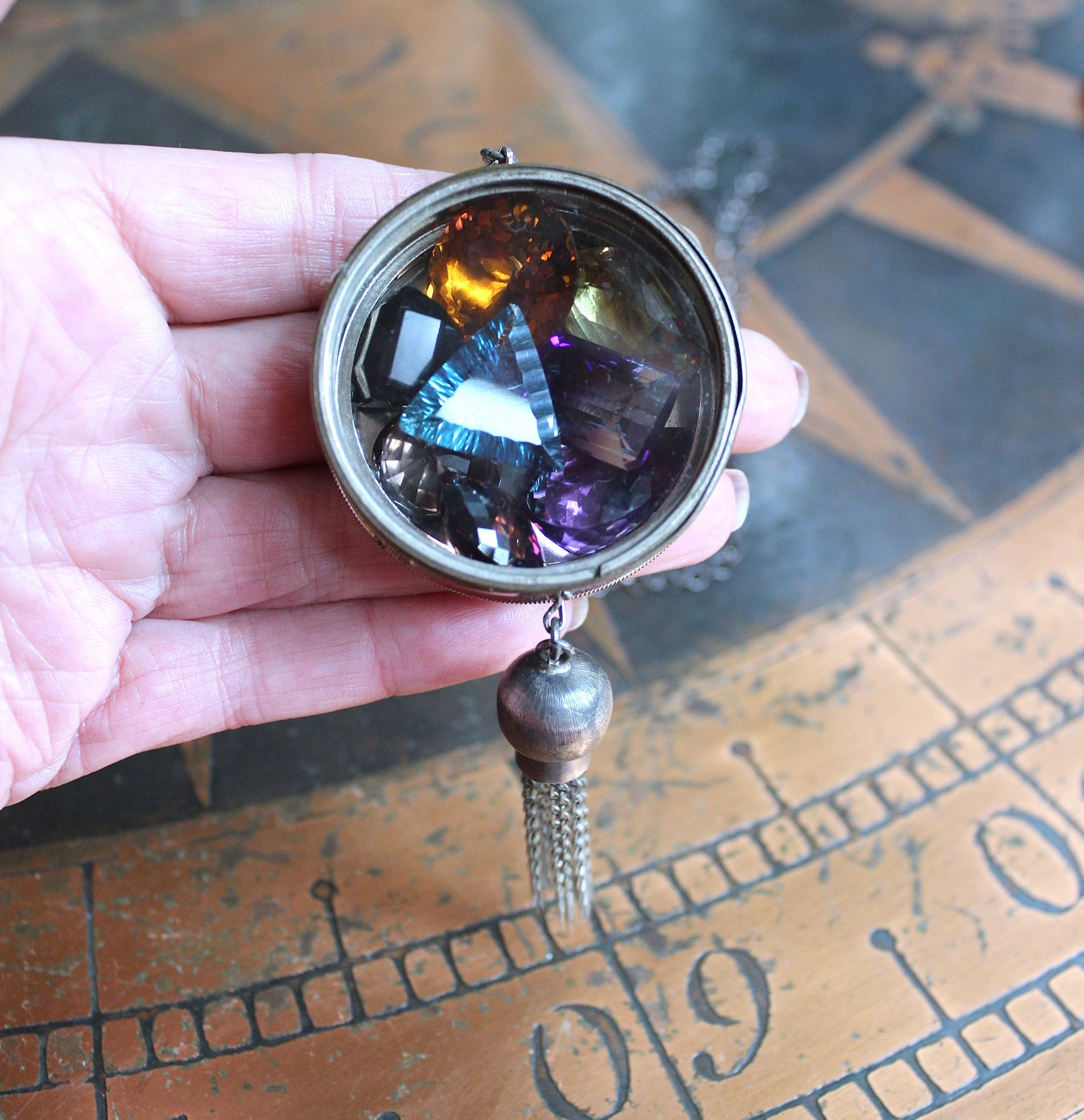 Rare Gem Collection Necklace with 9 Faceted Gemstones,Antique Pocket Watch Case, Sterling Belcher Chain and Sterling Tassel