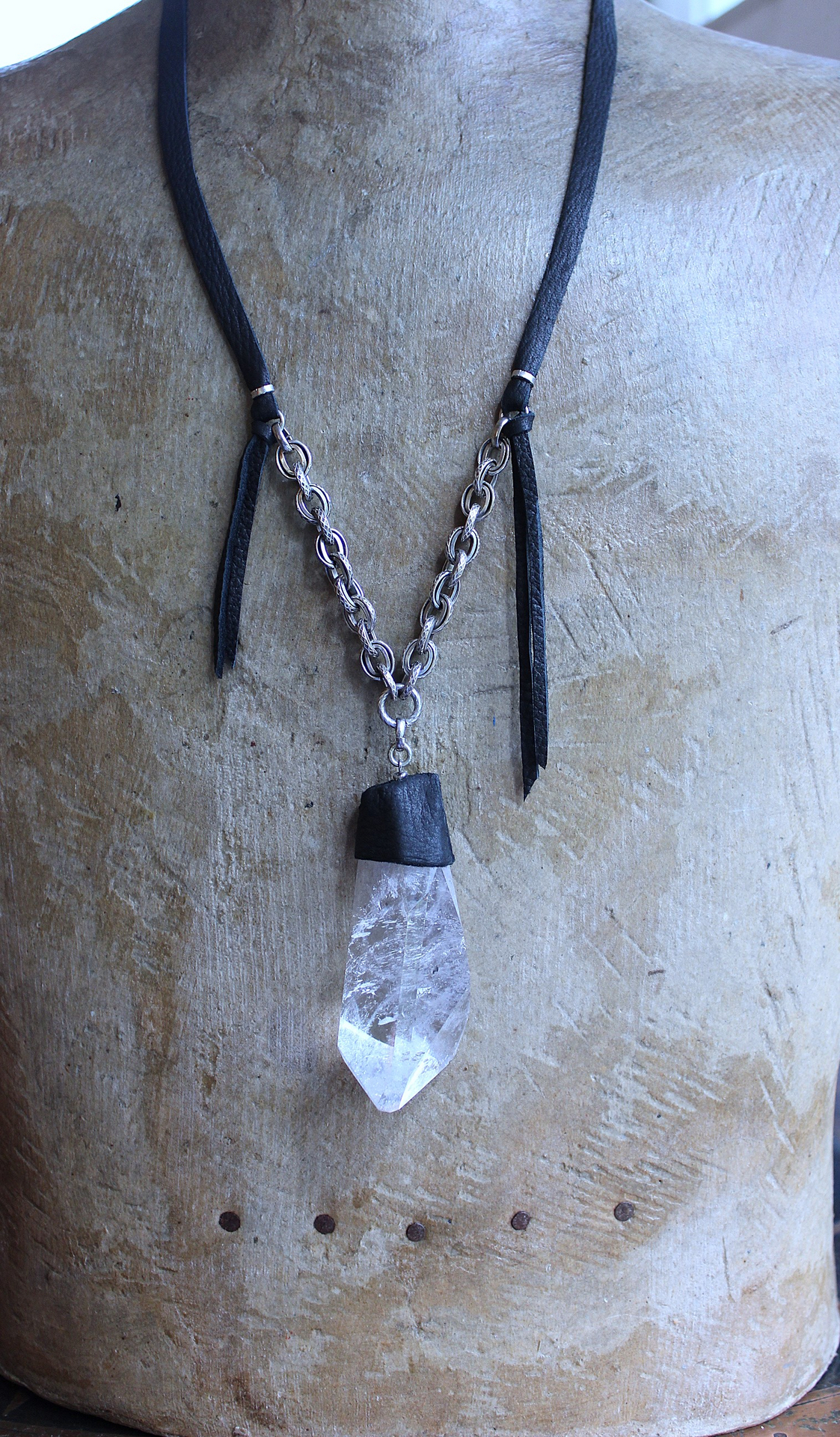 Amazing Free Form Clear Ghost Quartz Pendant Necklace with Embossed Silver Chain, Premium Black Suede Leather Cap & Ties